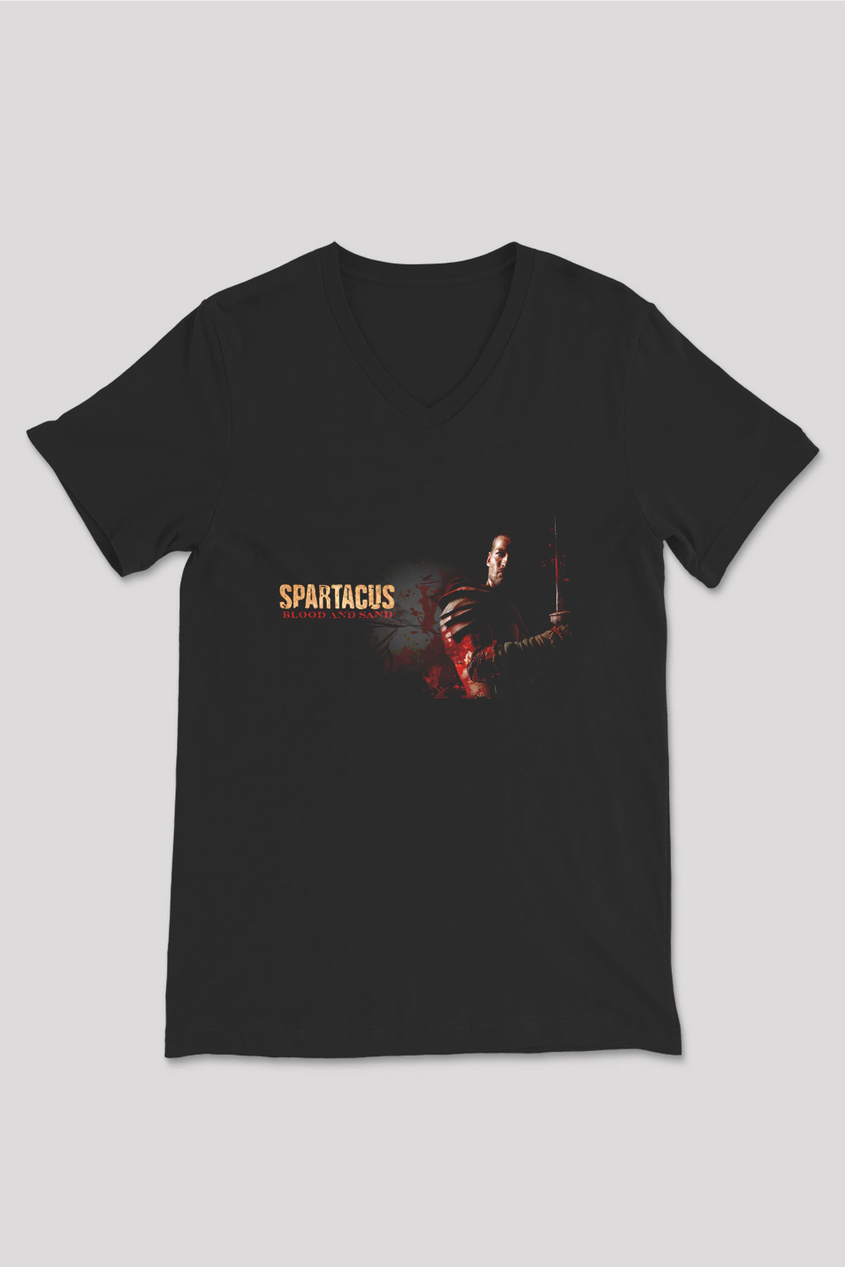 Unisex Spartacus War of the Damned Baskılı Siyah V Yaka Tshirt
