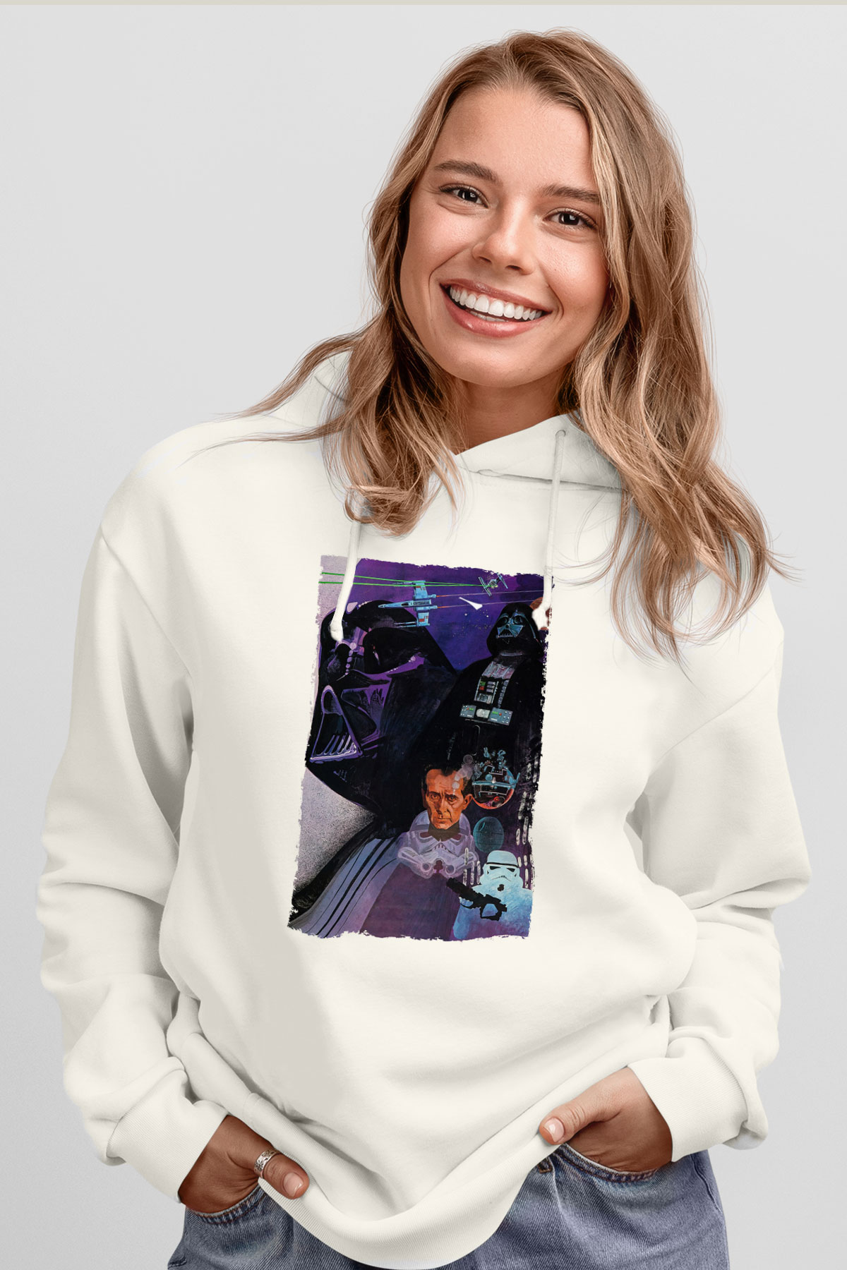 Unisex Star Wars Baskılı Beyaz Kapüşonlu Sweatshirt