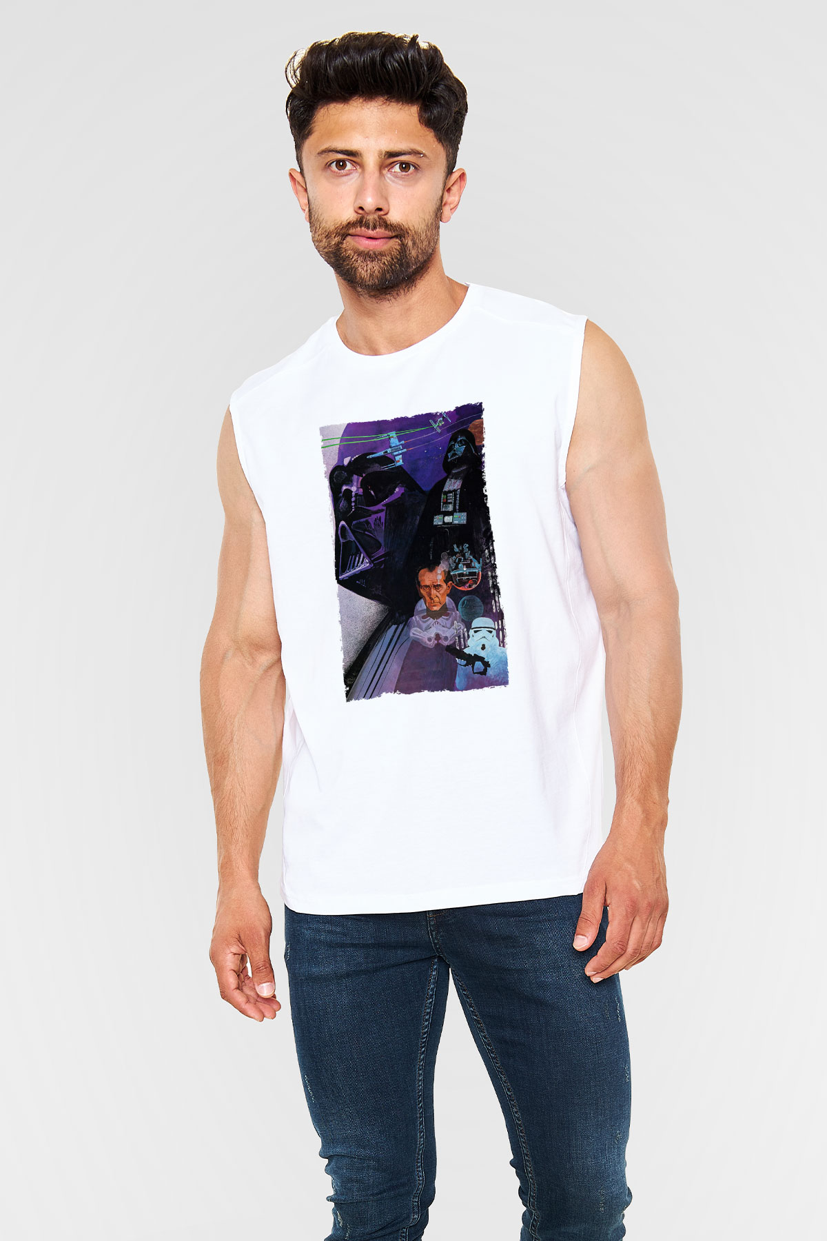 Unisex Star Wars Baskılı Beyaz Kolsuz T-shirt