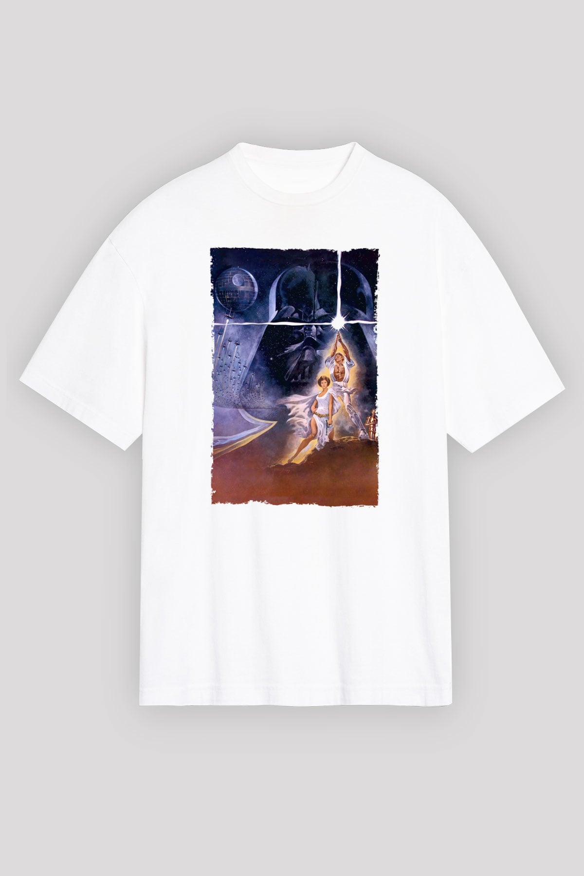 Unisex Star Wars Baskılı Beyaz Oversize Oversize T-shirt