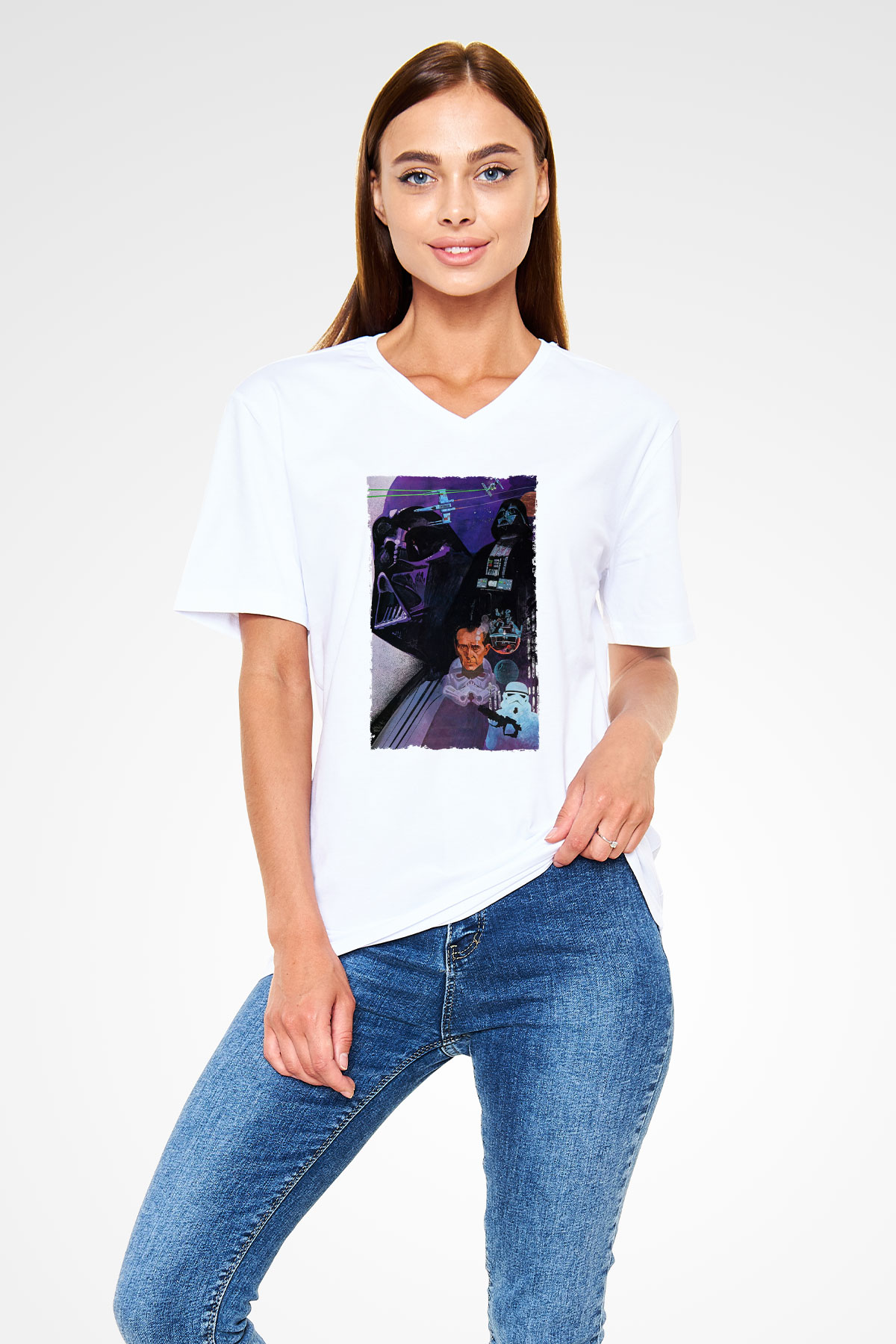 Unisex Star Wars Baskılı Beyaz V Yaka T-shirt