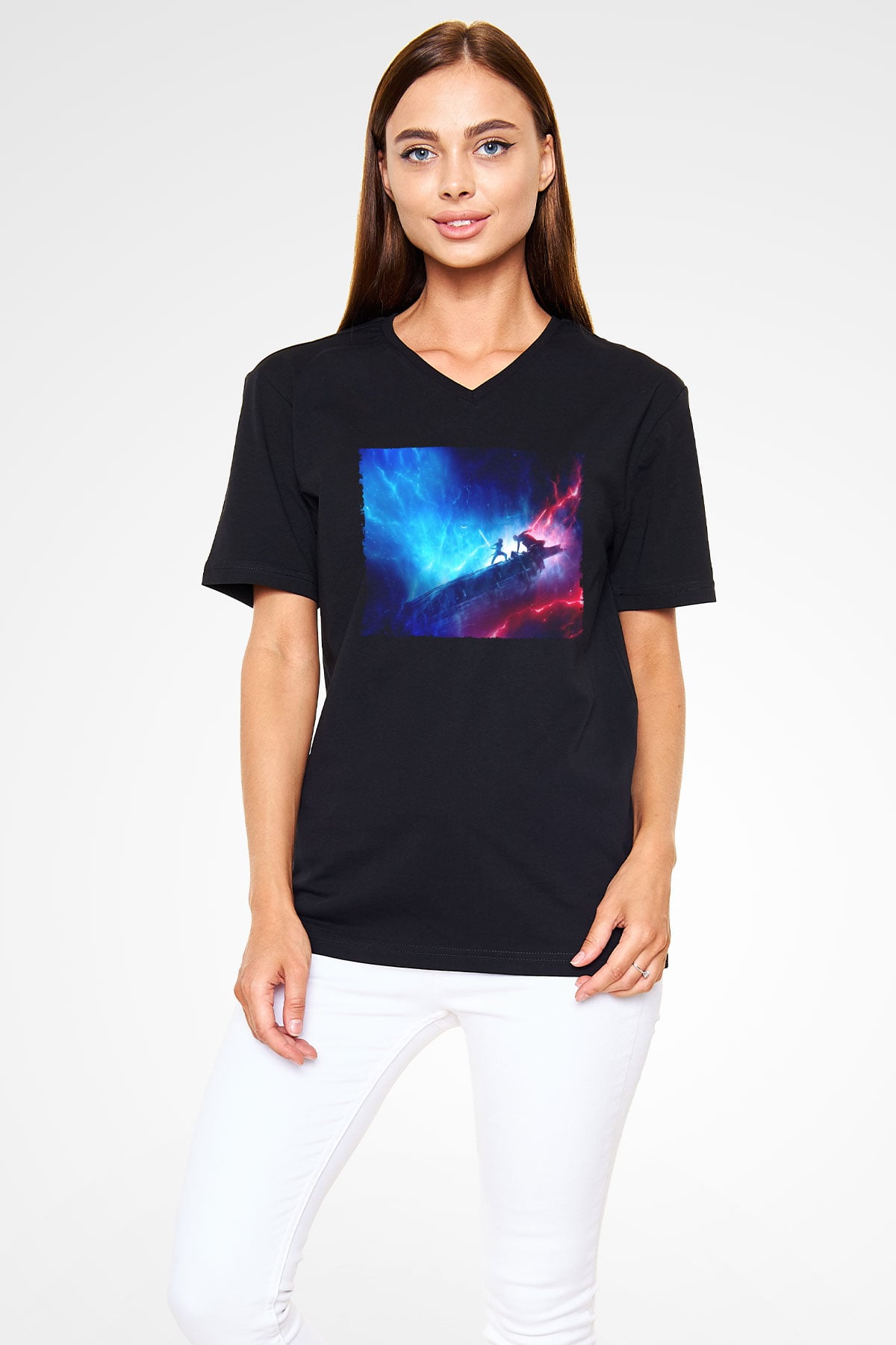 Unisex Star Wars Skywalker'ın Yükselişi (Star Wars The Rise of Skywalker) Baskılı Siyah V Yaka Tişört