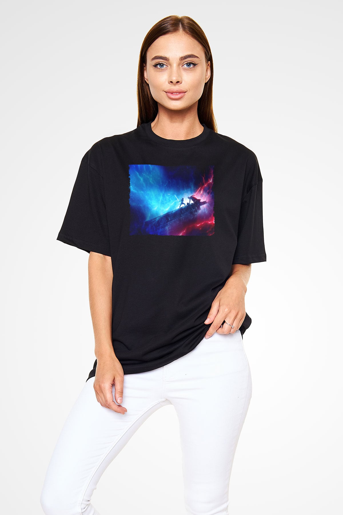 Unisex Star Wars Skywalker'ın Yükselişi (Star Wars The Rise of Skywalker) Baskılı Siyah Oversize Tişört
