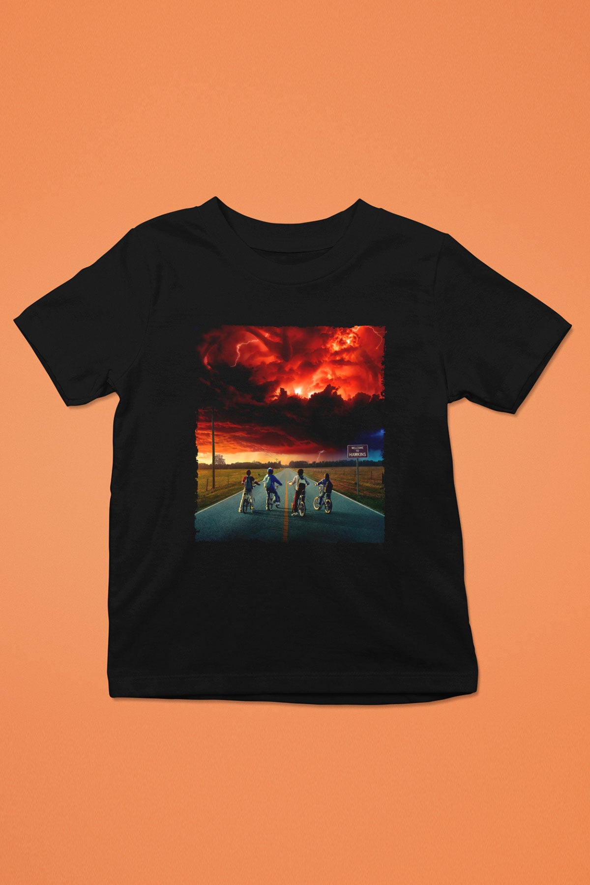 Unisex Stranger Things Baskılı Siyah Çocuk T-Shirt