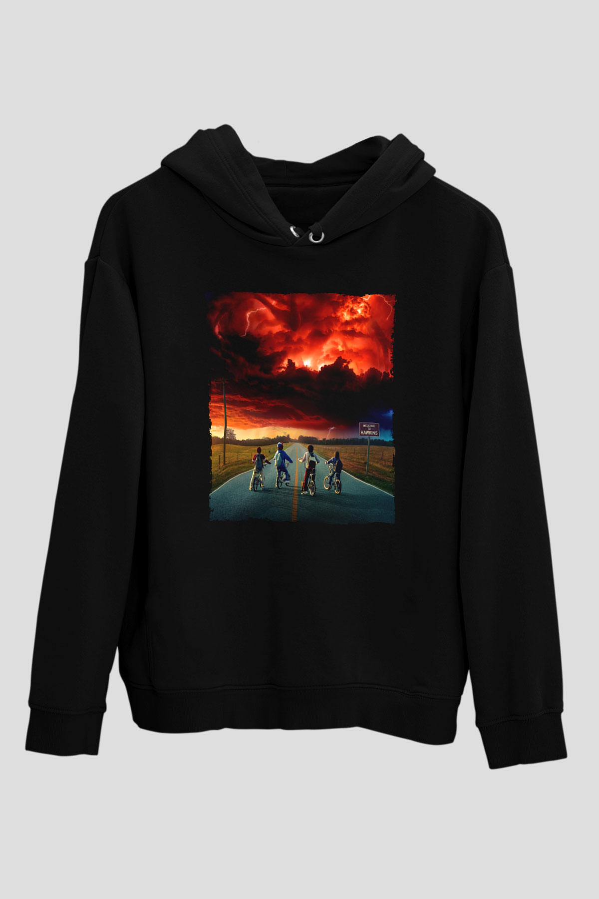 Unisex Stranger Things Baskılı Siyah Kapüşonlu Sweatshirt
