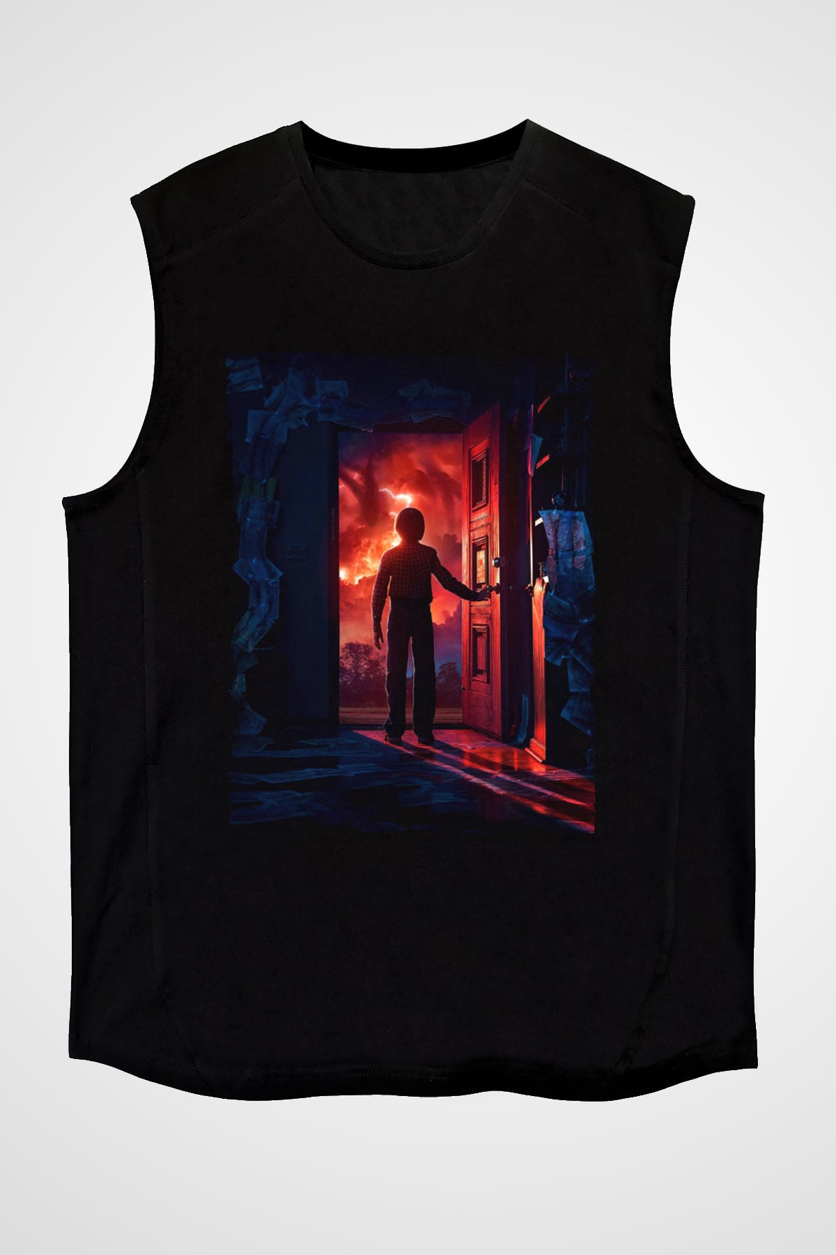 Unisex Stranger Things Baskılı Siyah Kolsuz Tshirt
