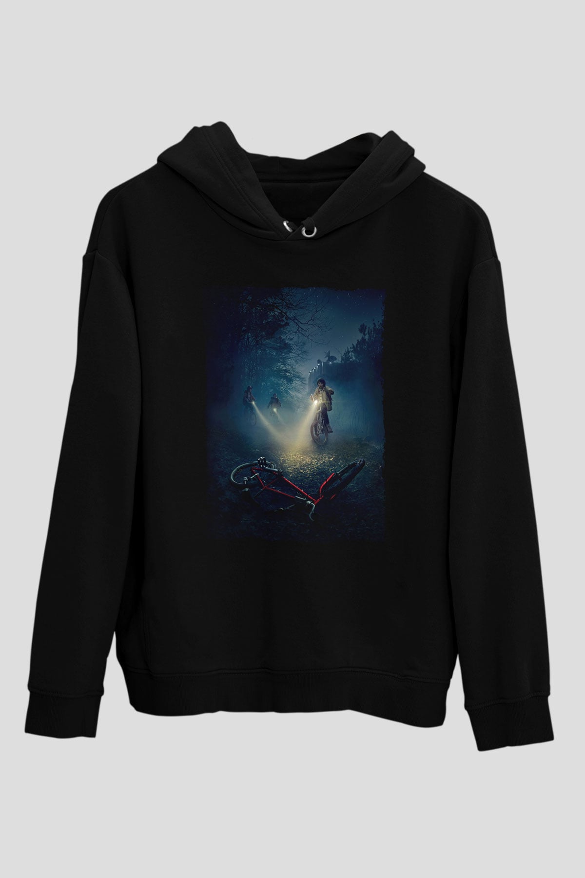 Unisex Stranger Things Baskılı Siyah Kapüşonlu Sweatshirt