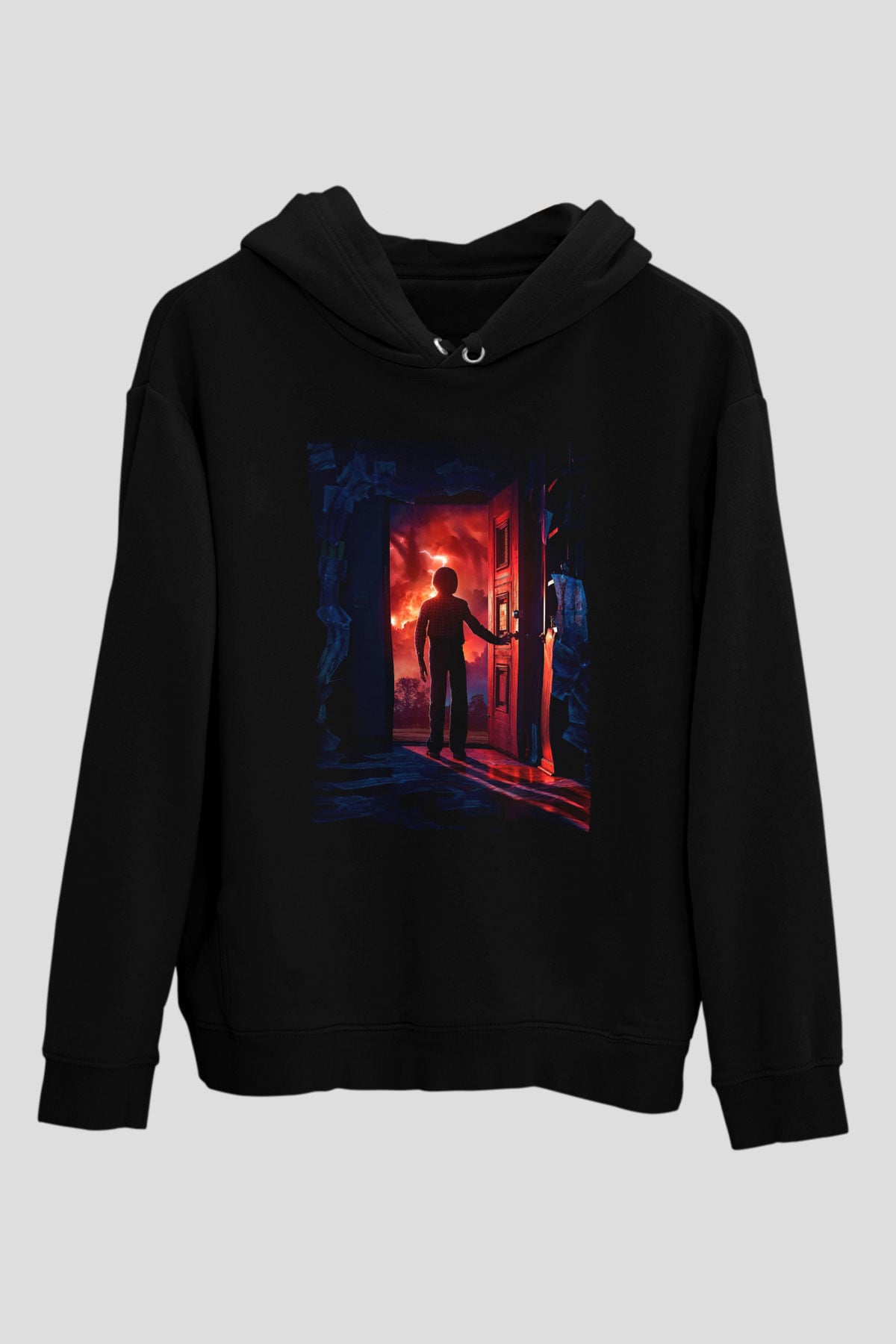 Unisex Stranger Things Baskılı Siyah Kapüşonlu Sweatshirt