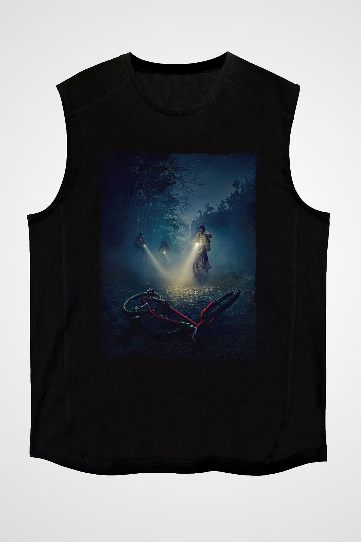 Unisex Stranger Things Baskılı Siyah Kolsuz Tişört