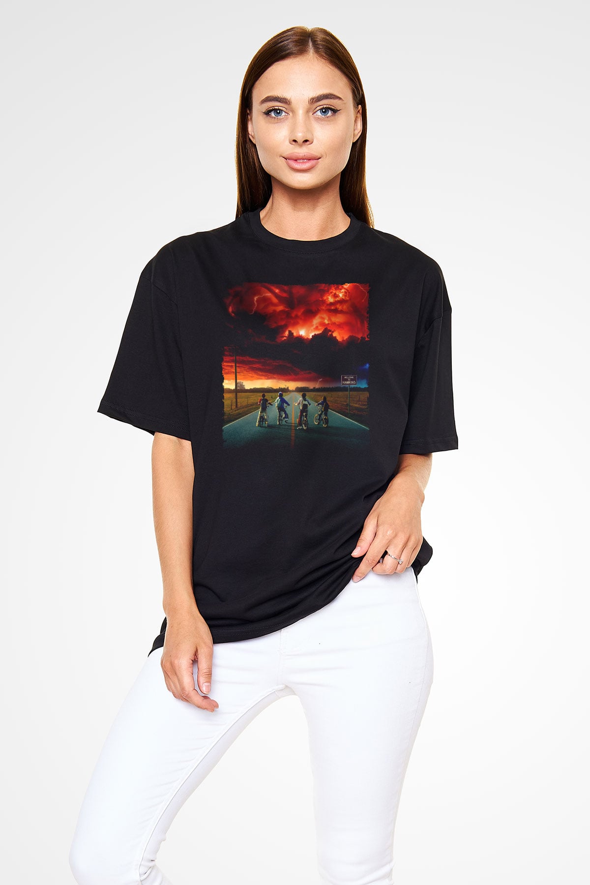 Unisex Stranger Things Baskılı Siyah Oversize T-shirt
