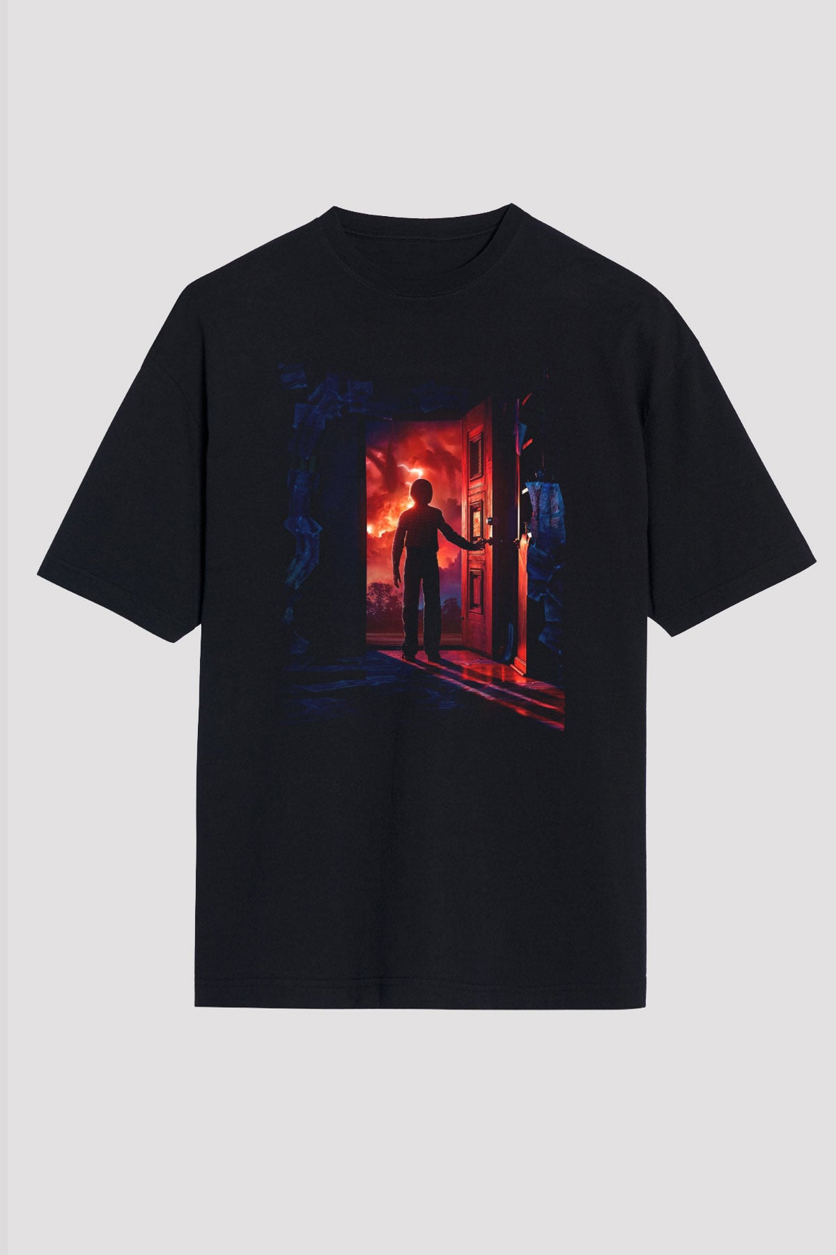 Unisex Stranger Things Baskılı Siyah Oversize Tshirt