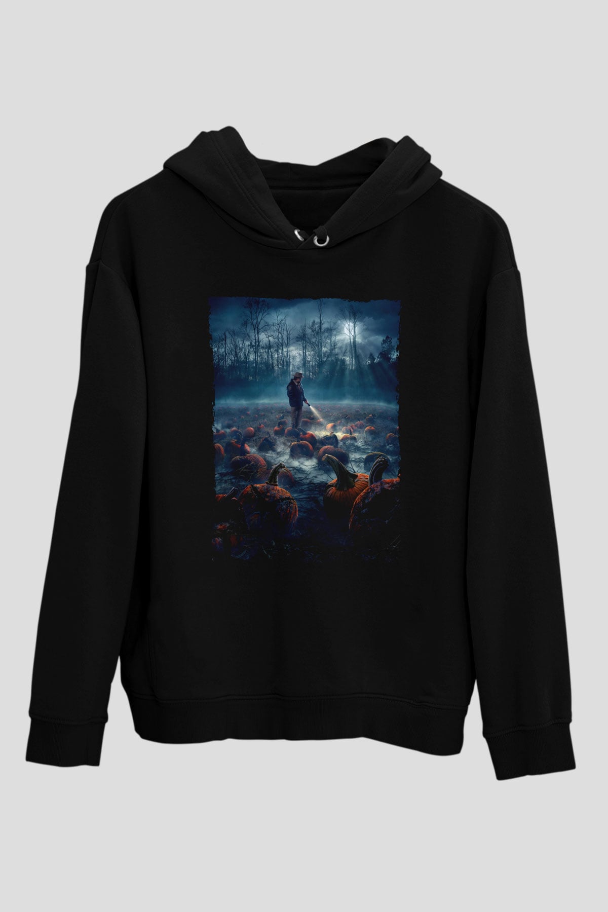 Unisex Stranger Things Baskılı Siyah Unisex Kapüşonlu Sweatshirt