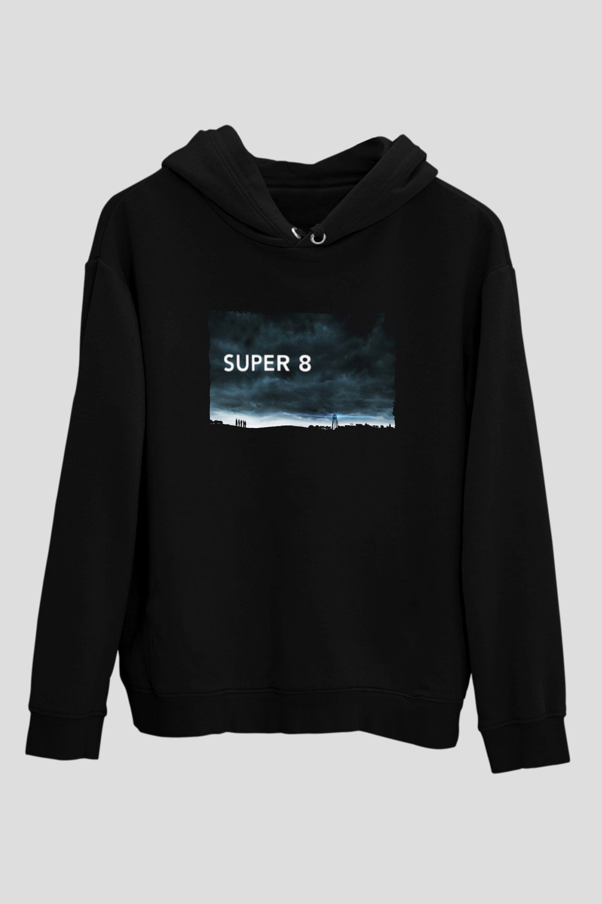 Unisex Super 8 Baskılı Siyah Kapüşonlu Sweatshirt
