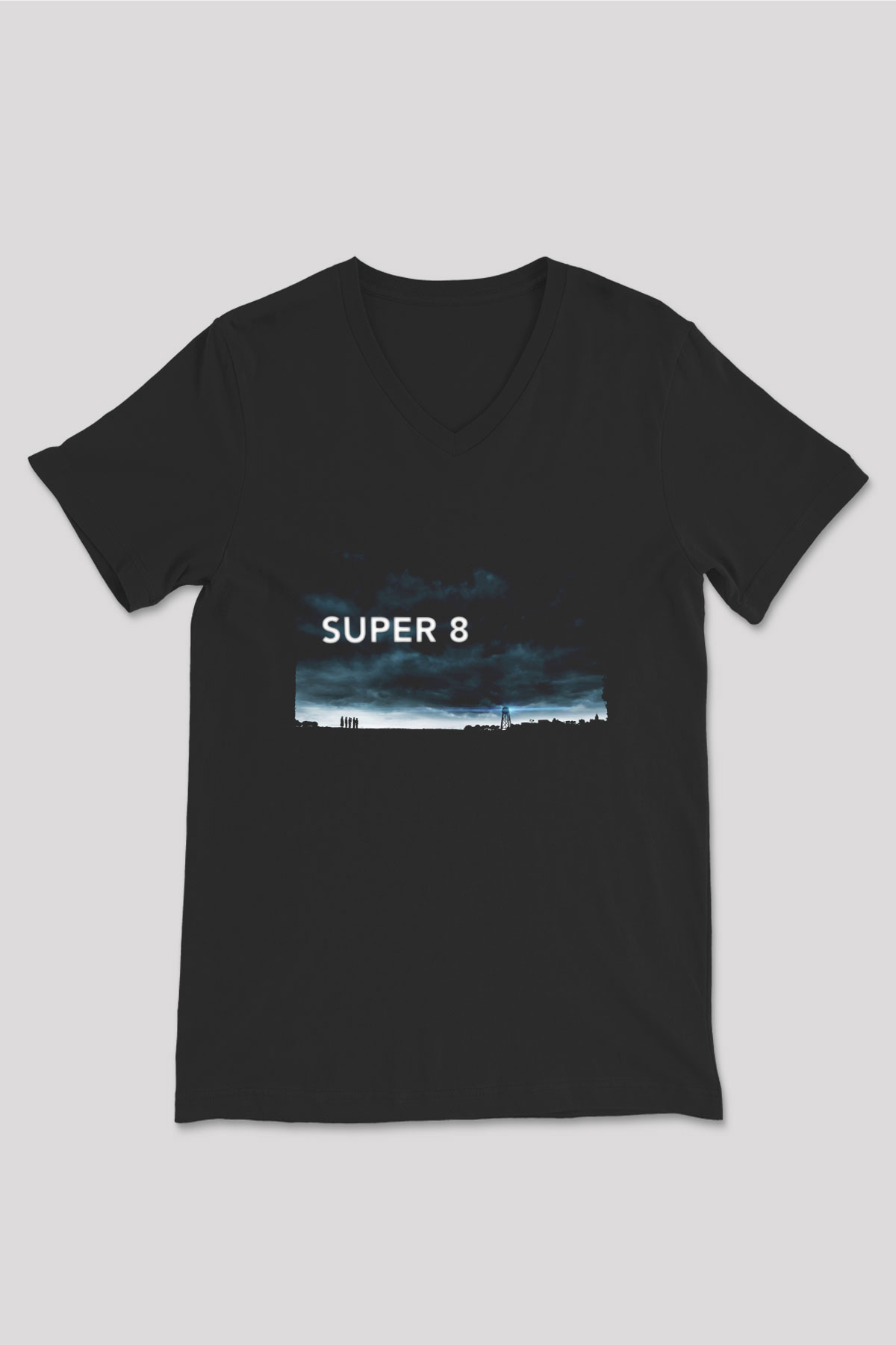 Unisex Super 8 Baskılı Siyah V Yaka T-shirt