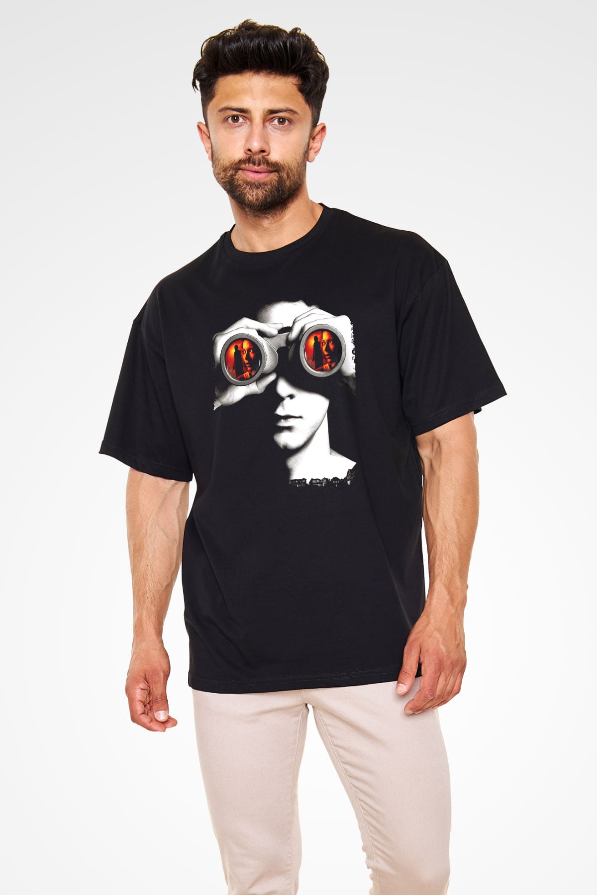 Unisex Şüphe (Disturbia) Baskılı Siyah Oversize T-shirt