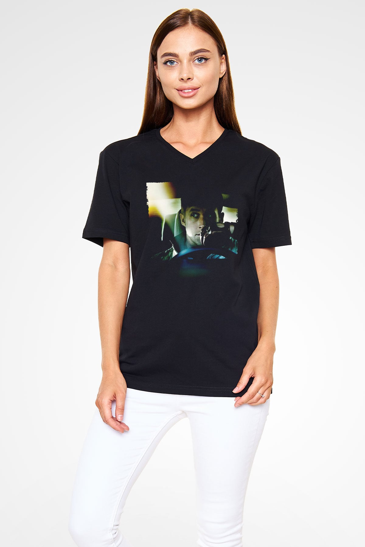 Unisex Sürücü (Drive) Baskılı Siyah V Yaka Tshirt