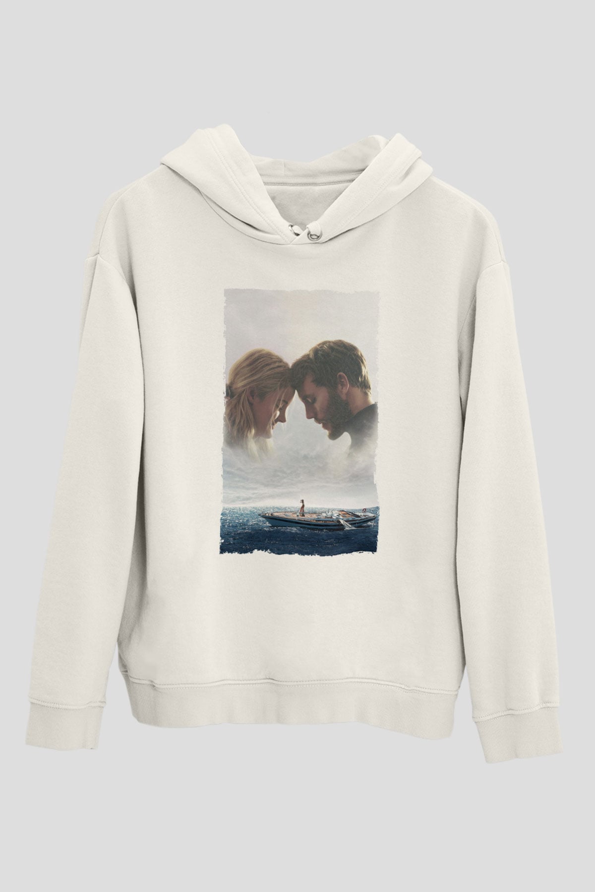 Unisex Sürükleniş - Adrift Baskılı Beyaz Kapüşonlu Sweatshirt