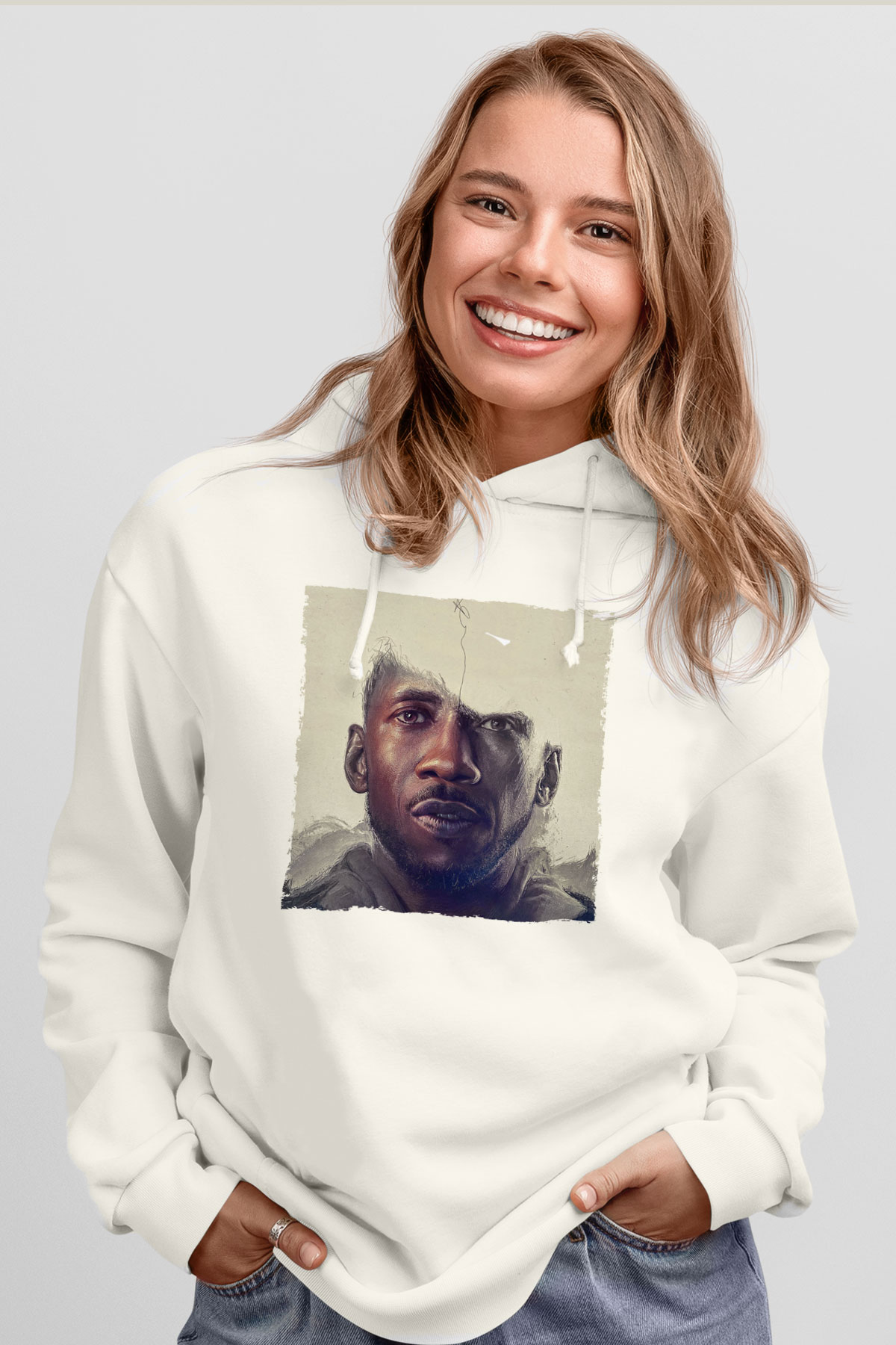 Unisex Swan Song Baskılı Beyaz Kapüşonlu Sweatshirt