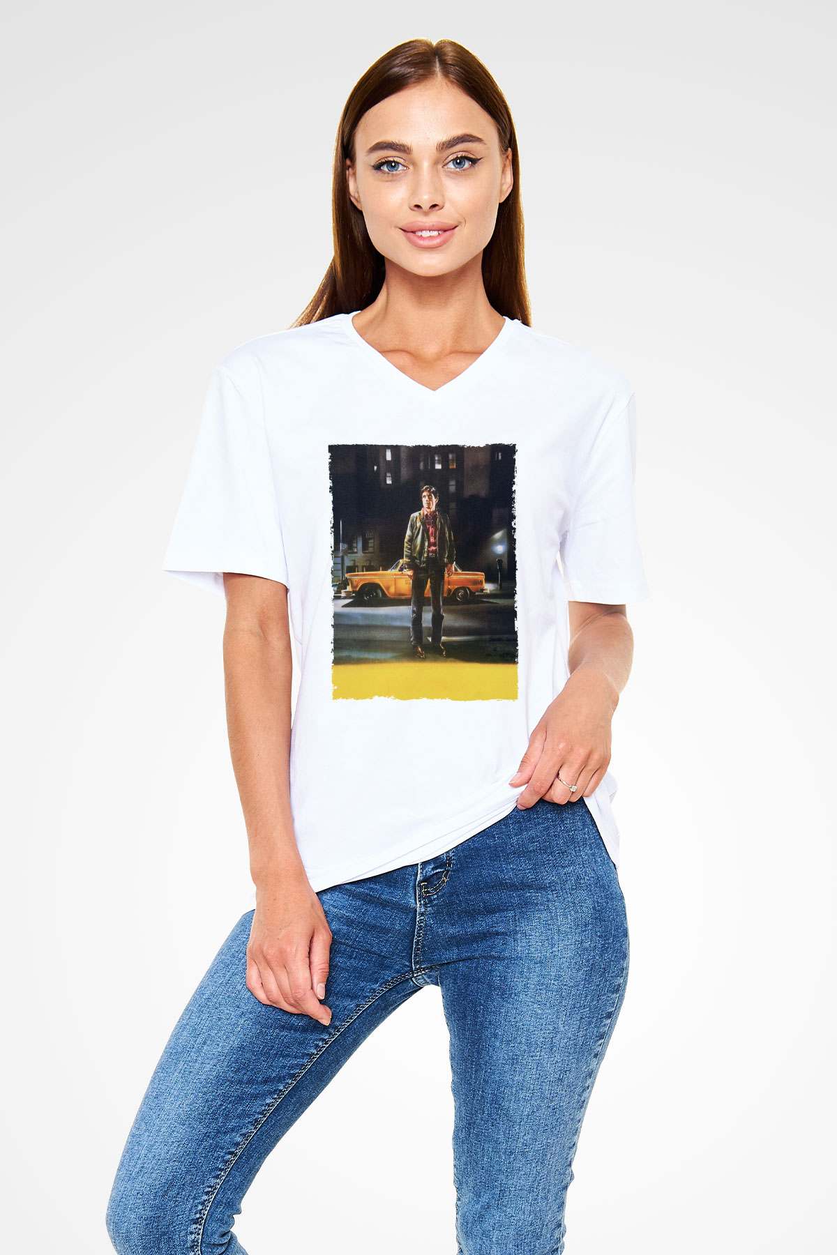 Unisex Taksi Şoförü (Taxi Driver) Baskılı Beyaz V Yaka Tişört