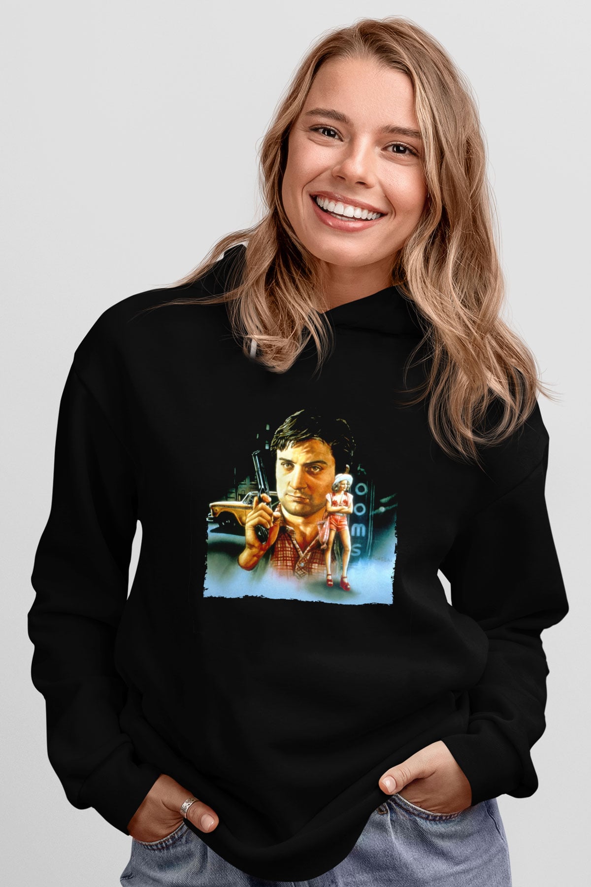 Unisex Taksi Şoförü (Taxi Driver) Baskılı Siyah Kapüşonlu Sweatshirt