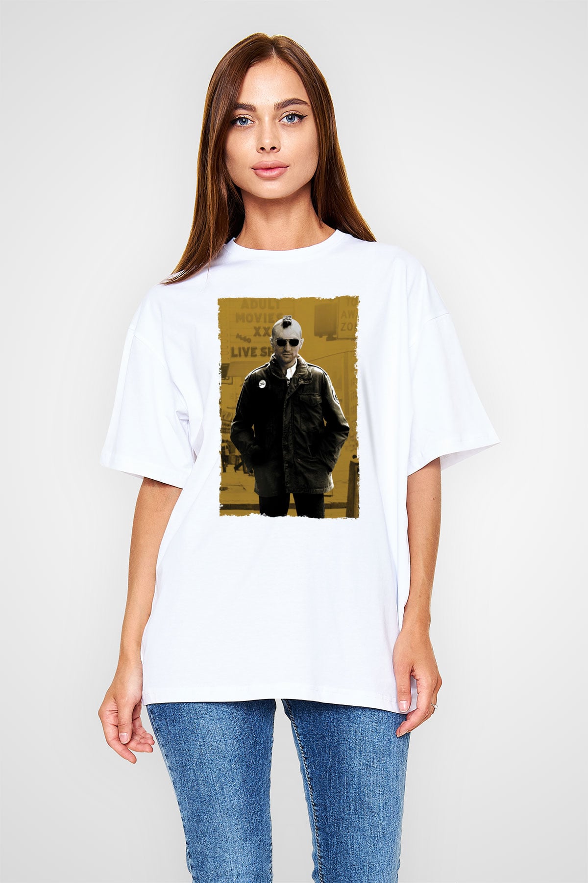 Unisex Taksi Şoförü (Taxi Driver) Baskılı Beyaz Oversize Oversize T-shirt