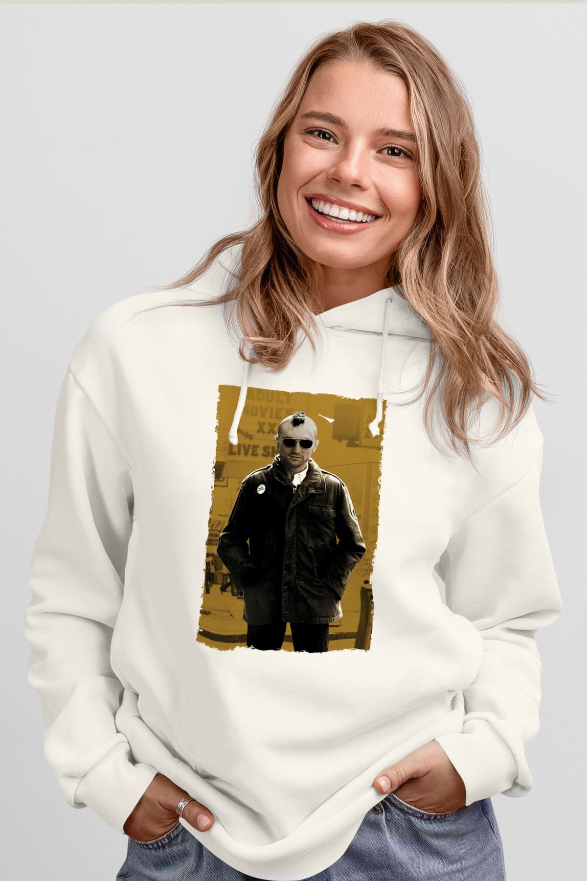 Unisex Taksi Şoförü (Taxi Driver) Baskılı Beyaz Kapüşonlu Sweatshirt