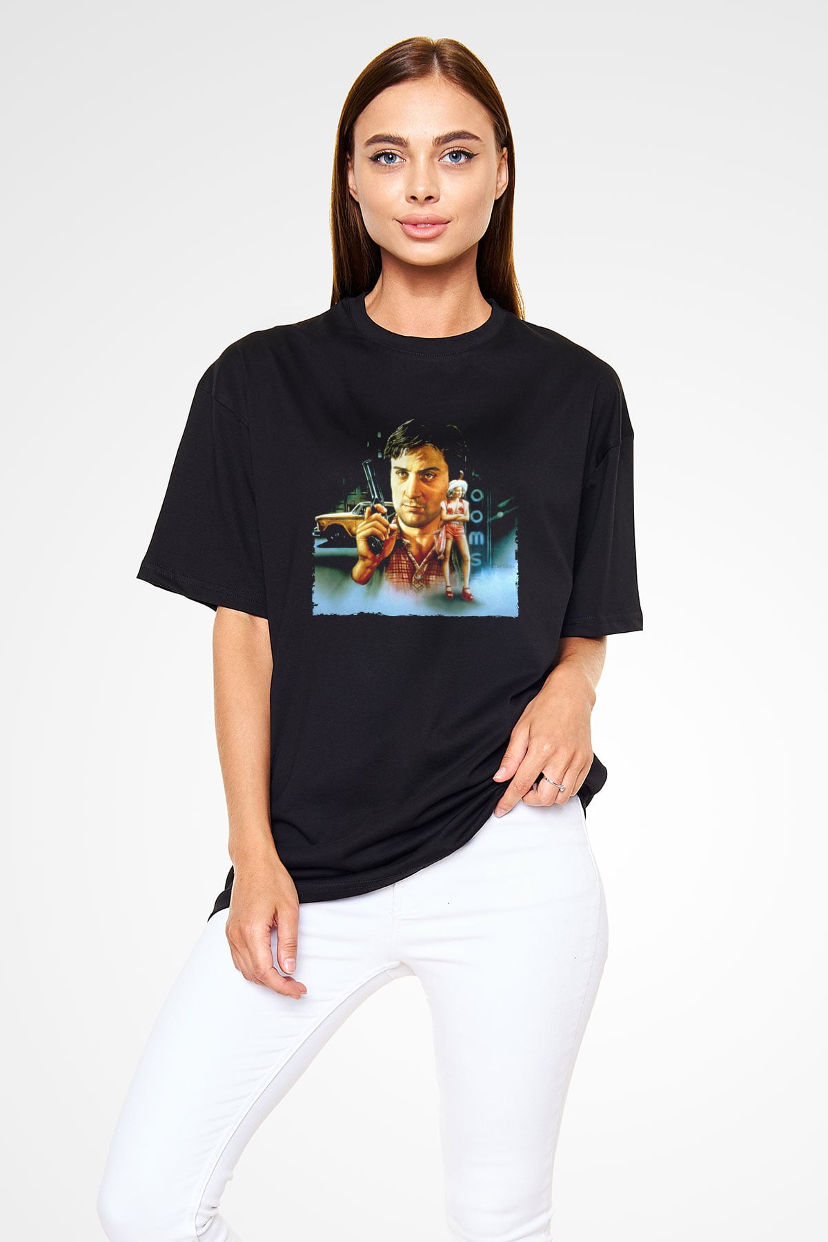 Unisex Taksi Şoförü (Taxi Driver) Baskılı Siyah Oversize Tshirt