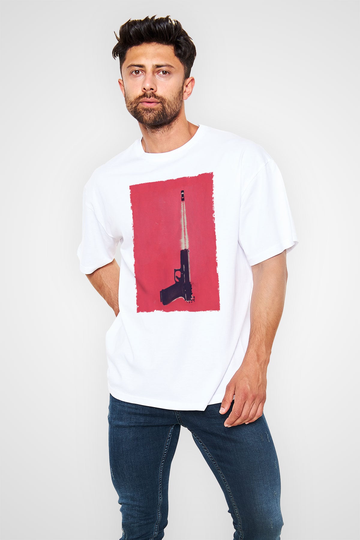Unisex Tam Gaz - Baby Driver Baskılı Beyaz Oversize Oversize T-shirt