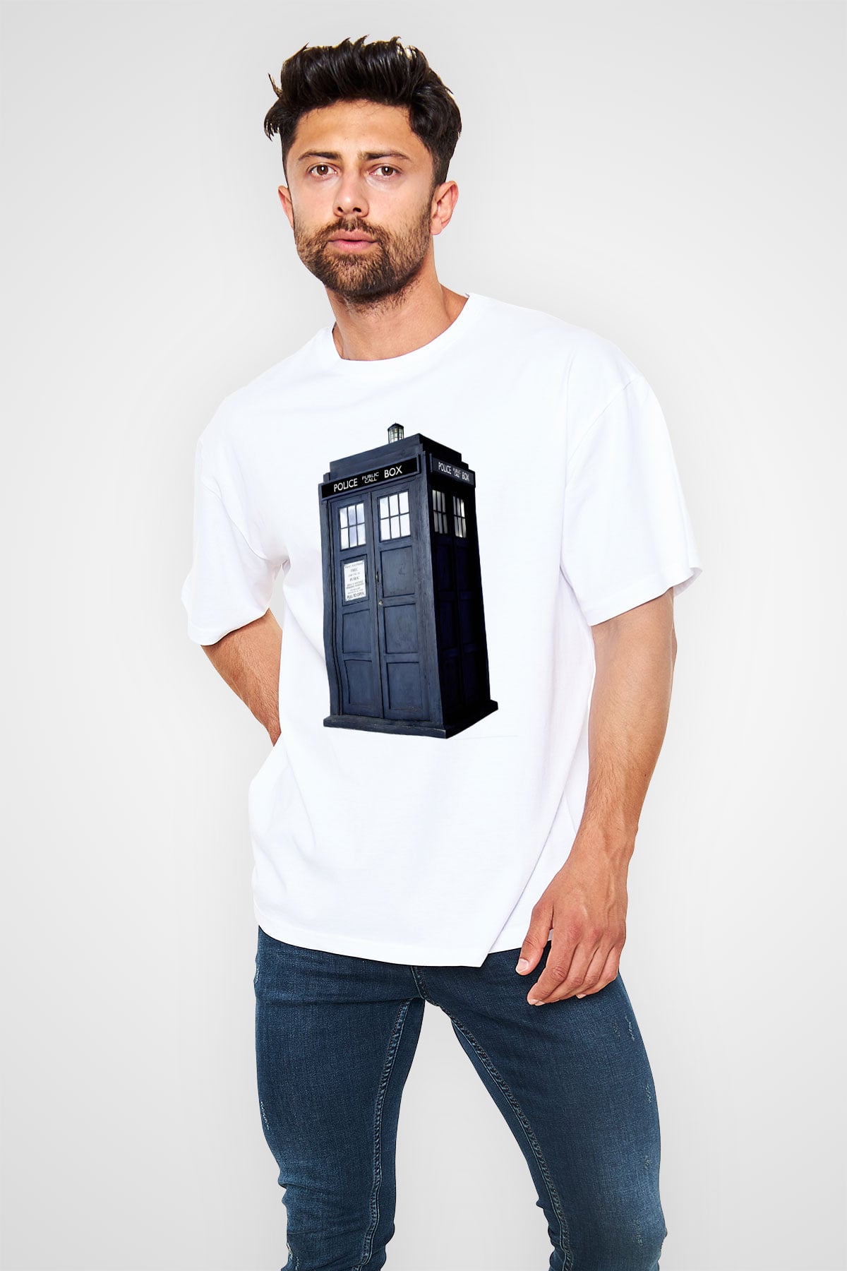 Unisex Tardis - Doctor Who Baskılı Beyaz T-shirt