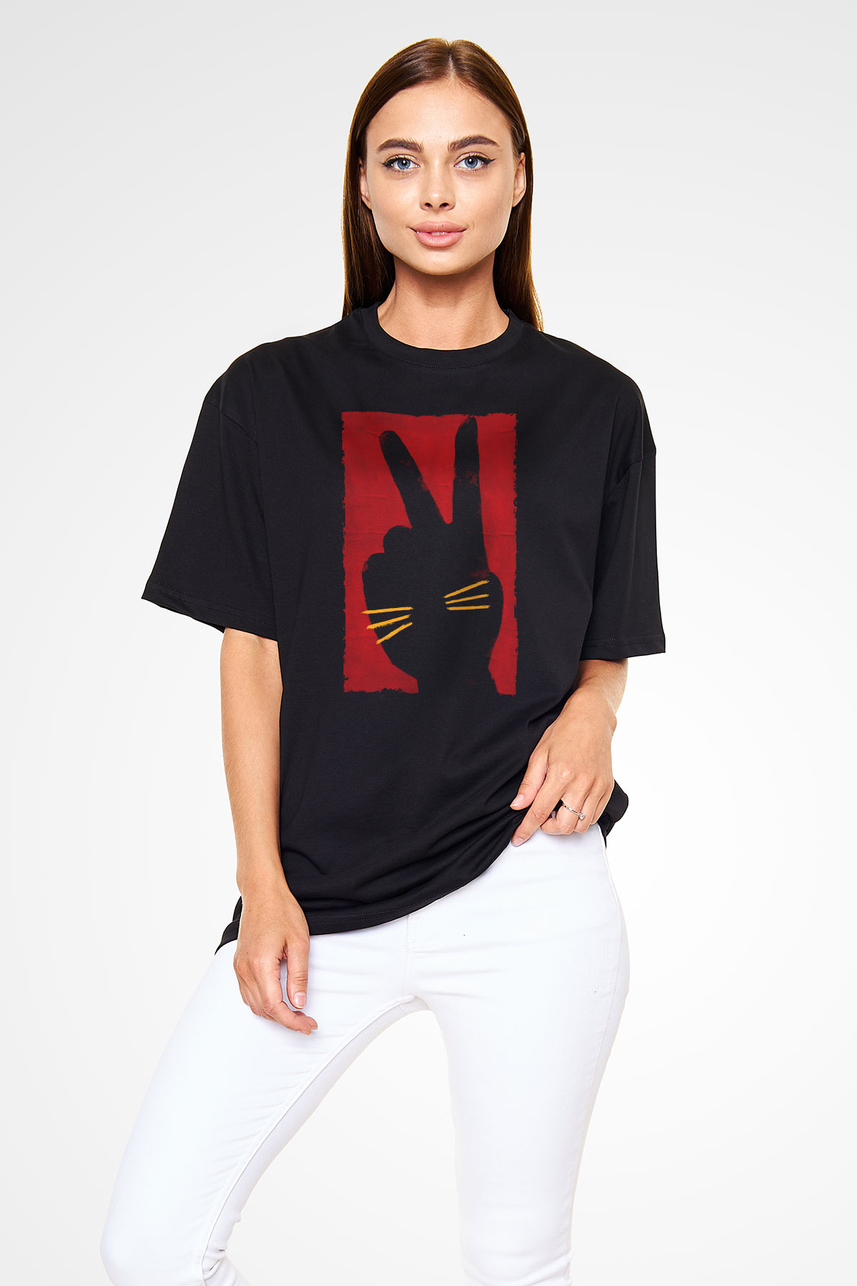 Unisex Tavşan Jojo (Jojo Rabbit) Baskılı Siyah Oversize Tshirt