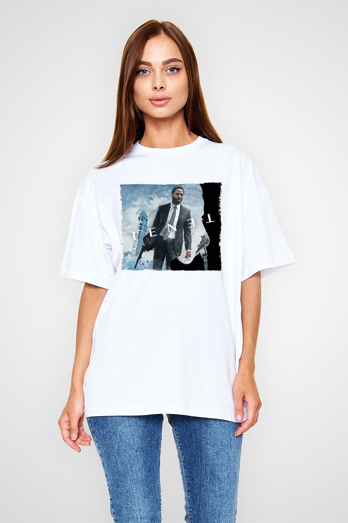 Unisex Tenet Baskılı Beyaz Oversize Oversize T-shirt