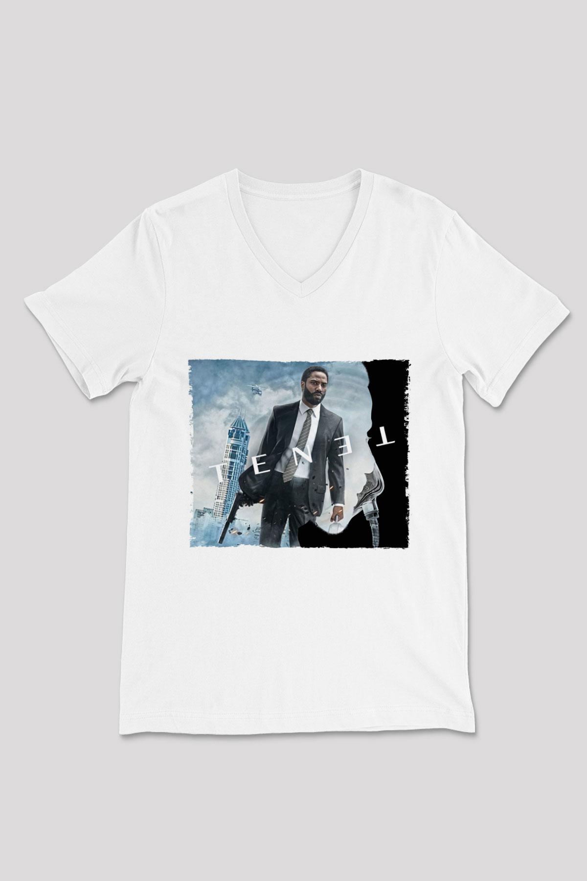 Unisex Tenet Baskılı Beyaz V Yaka Tshirt