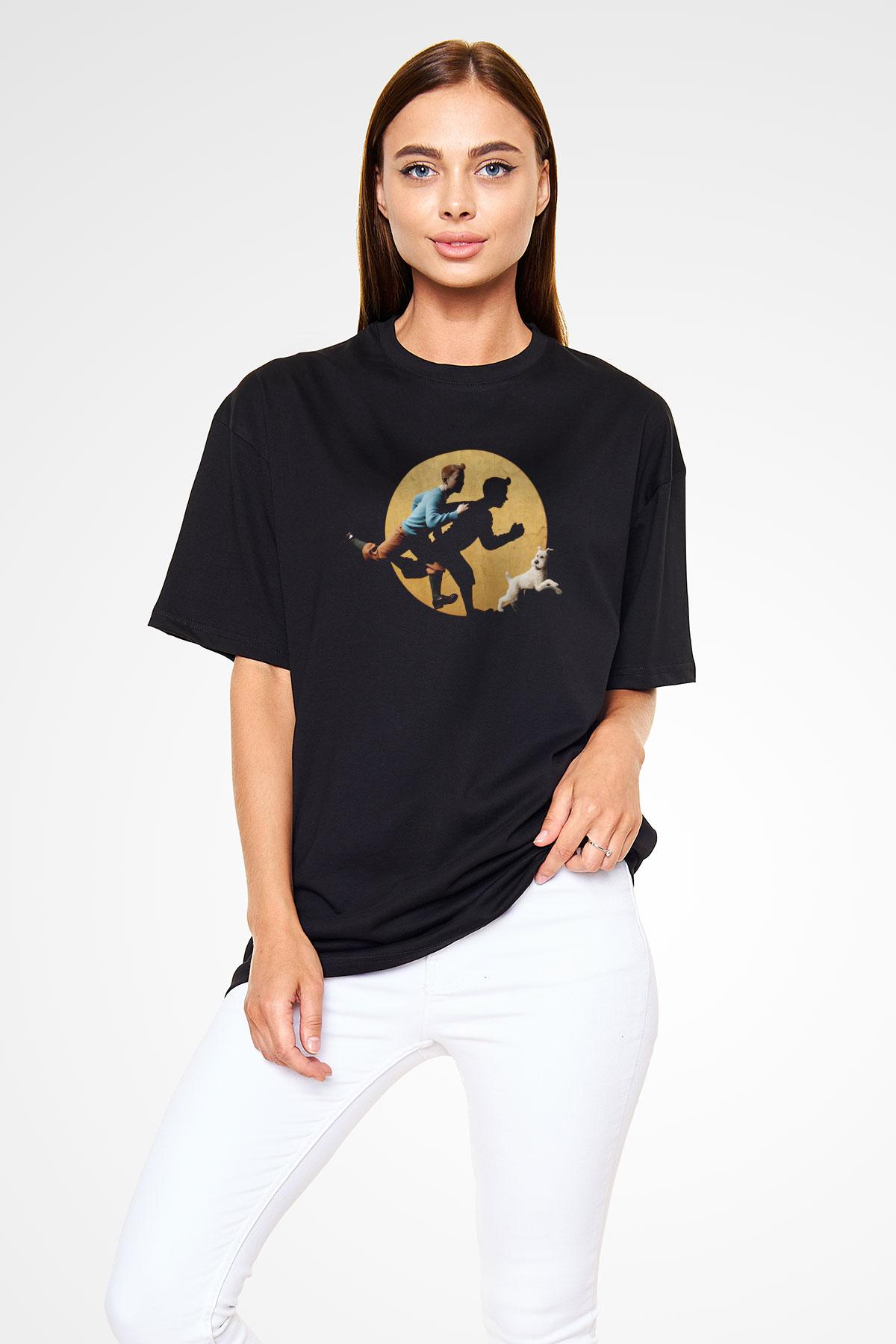 Unisex Tenten'in Maceraları (The Adventures of Tintin) Baskılı Siyah Oversize T-shirt