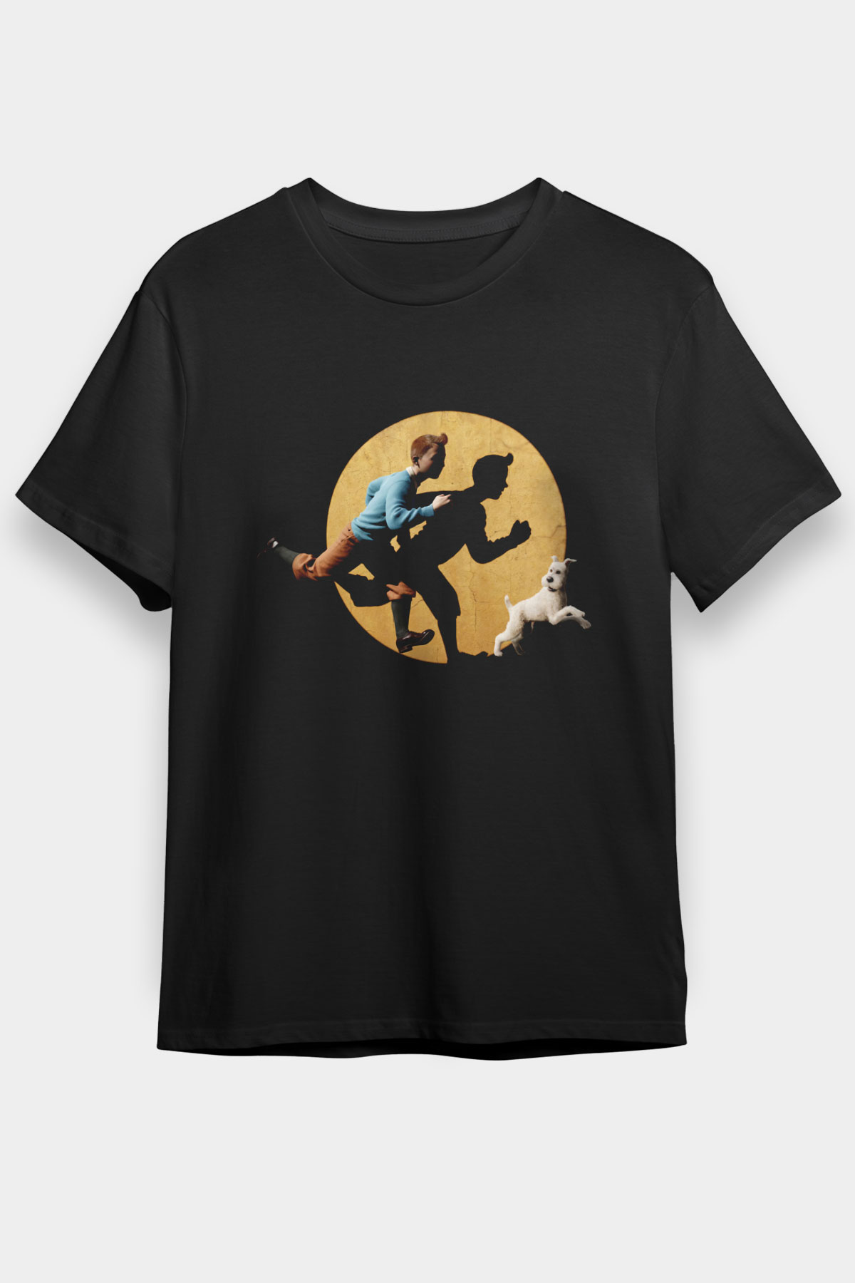 Unisex Tenten'in Maceraları (The Adventures of Tintin) Baskılı Siyah T-Shirt