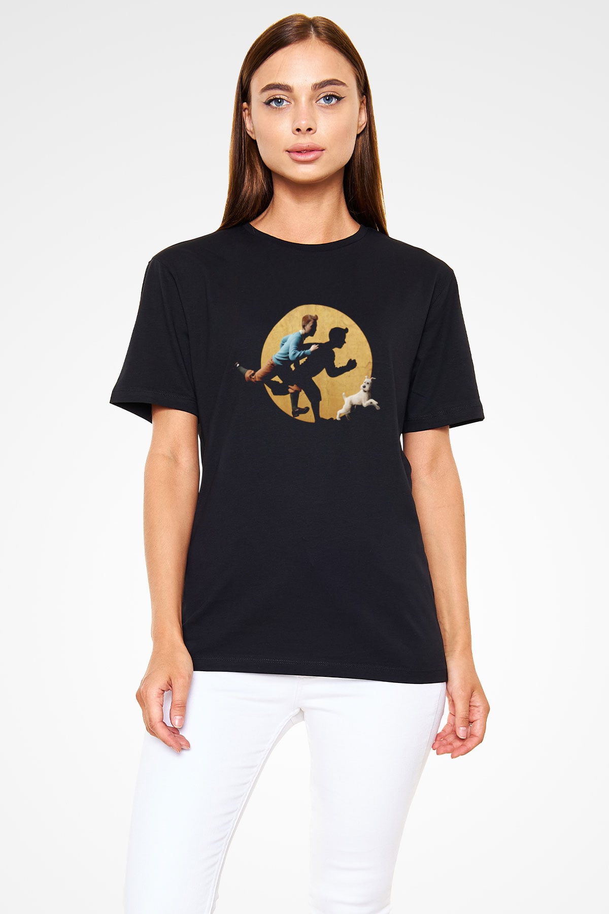 Unisex Tenten'in Maceraları (The Adventures of Tintin) Baskılı Siyah T-Shirt