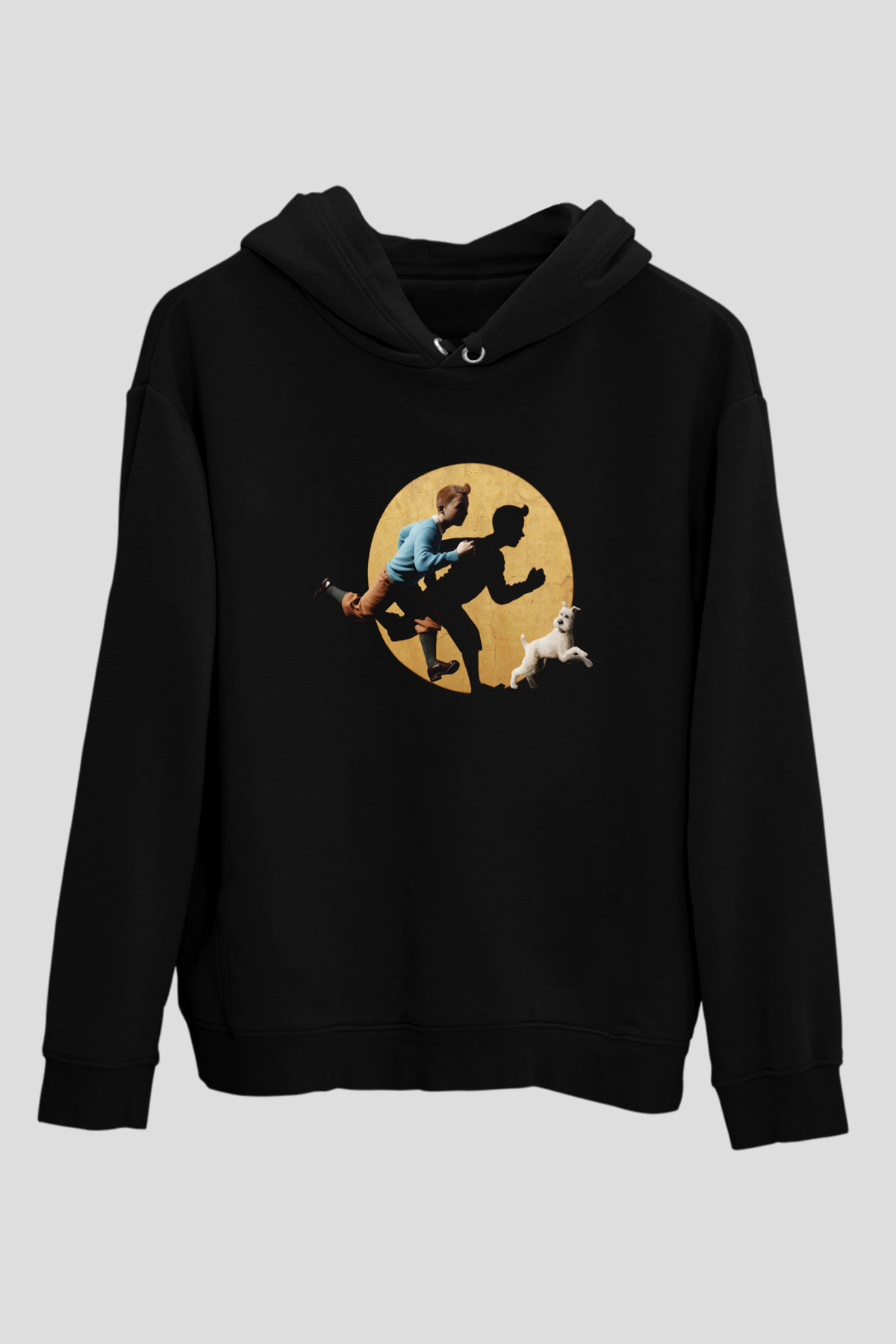 Unisex Tenten'in Maceraları (The Adventures of Tintin) Baskılı Siyah Kapüşonlu Sweatshirt