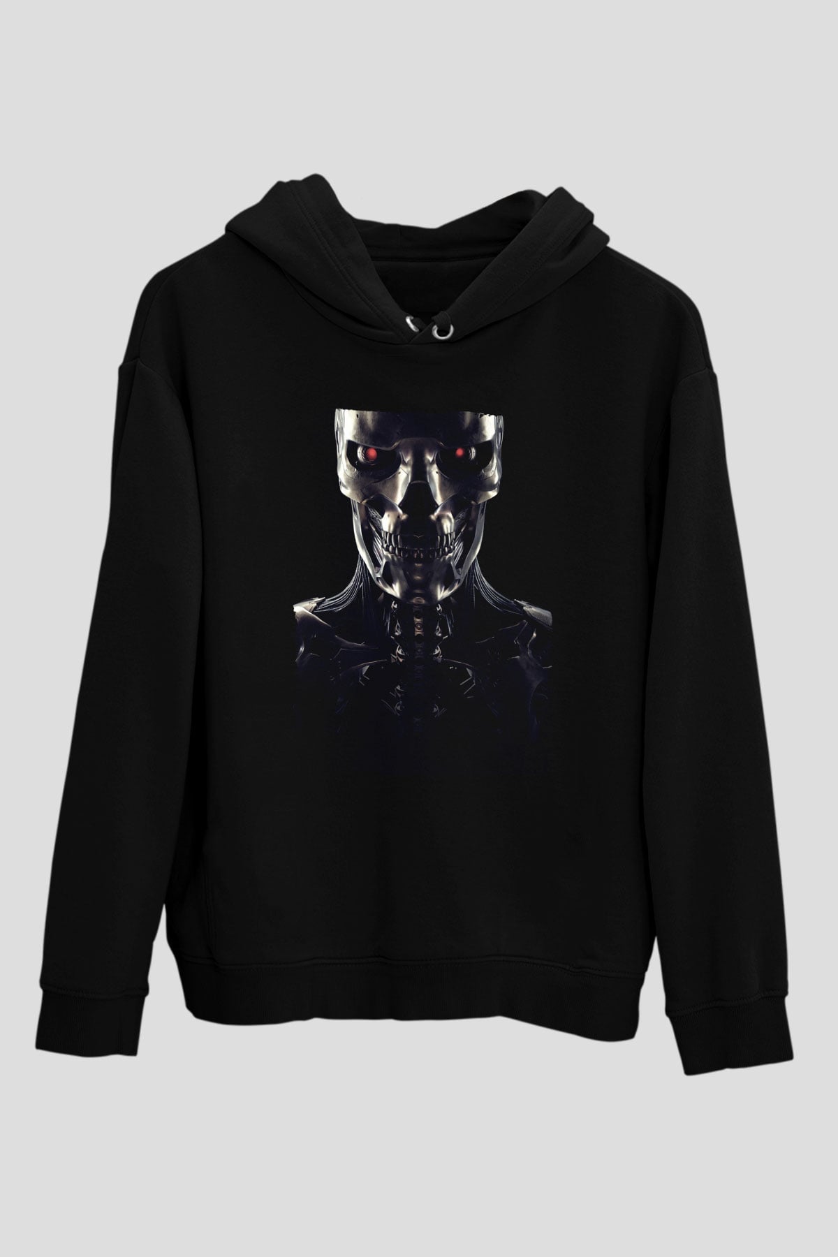Unisex Terminator Baskılı Siyah Kapüşonlu Sweatshirt