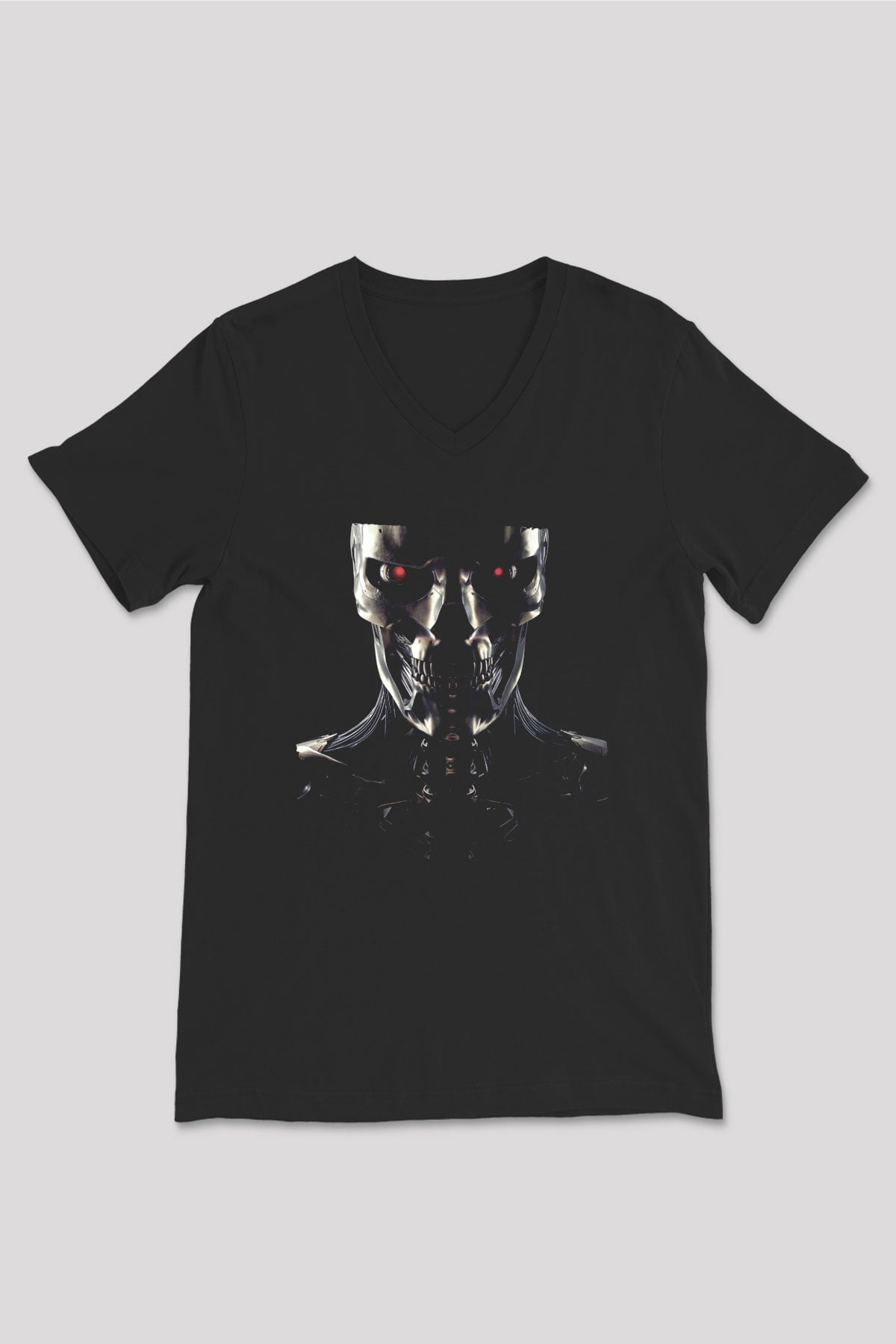Unisex Terminator Baskılı Siyah V Yaka Tshirt