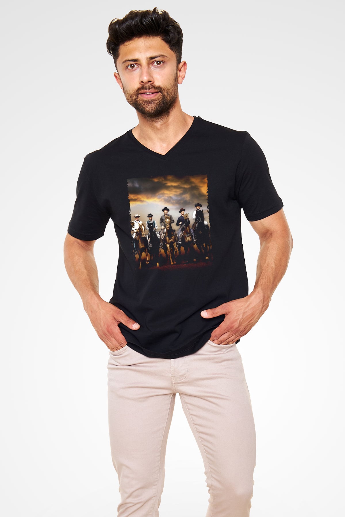 Unisex The Magnificent Seven Baskılı Siyah V Yaka T-shirt