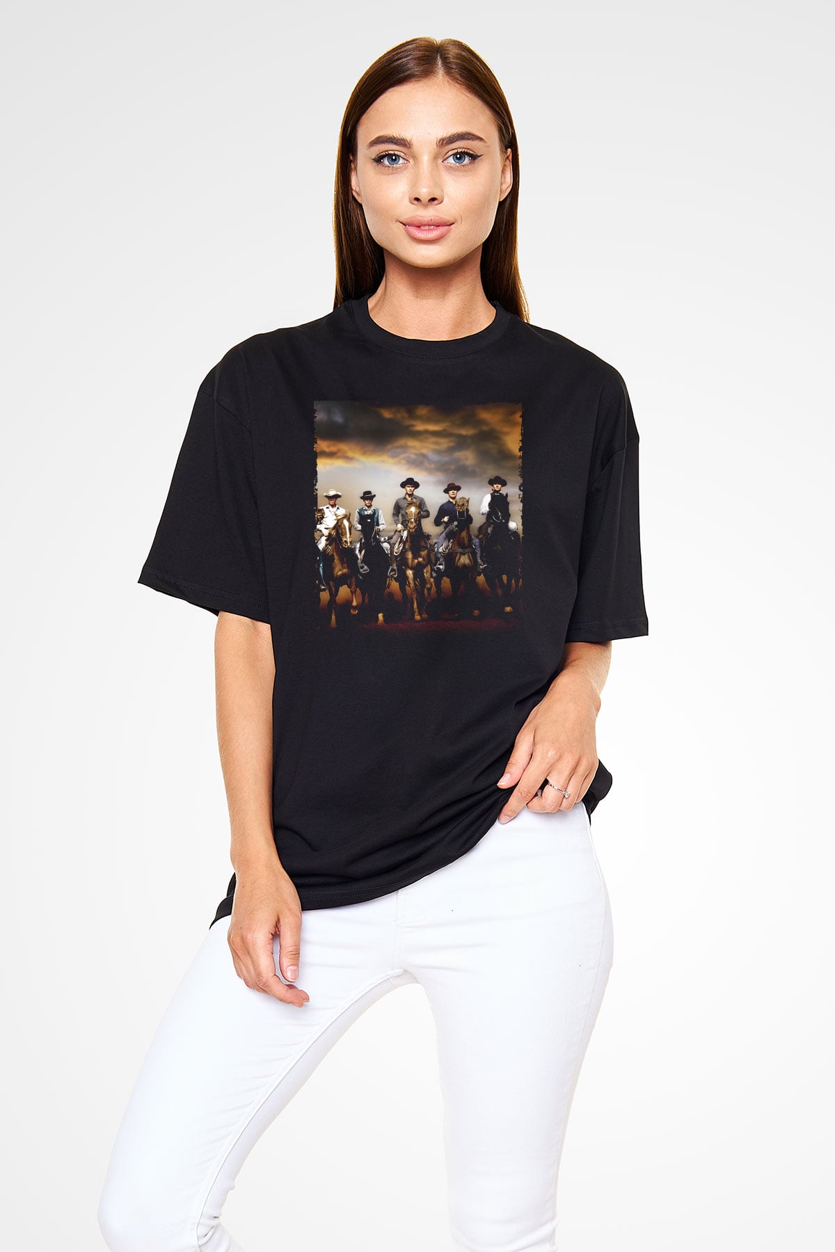 Unisex The Magnificent Seven Baskılı Siyah Oversize T-shirt