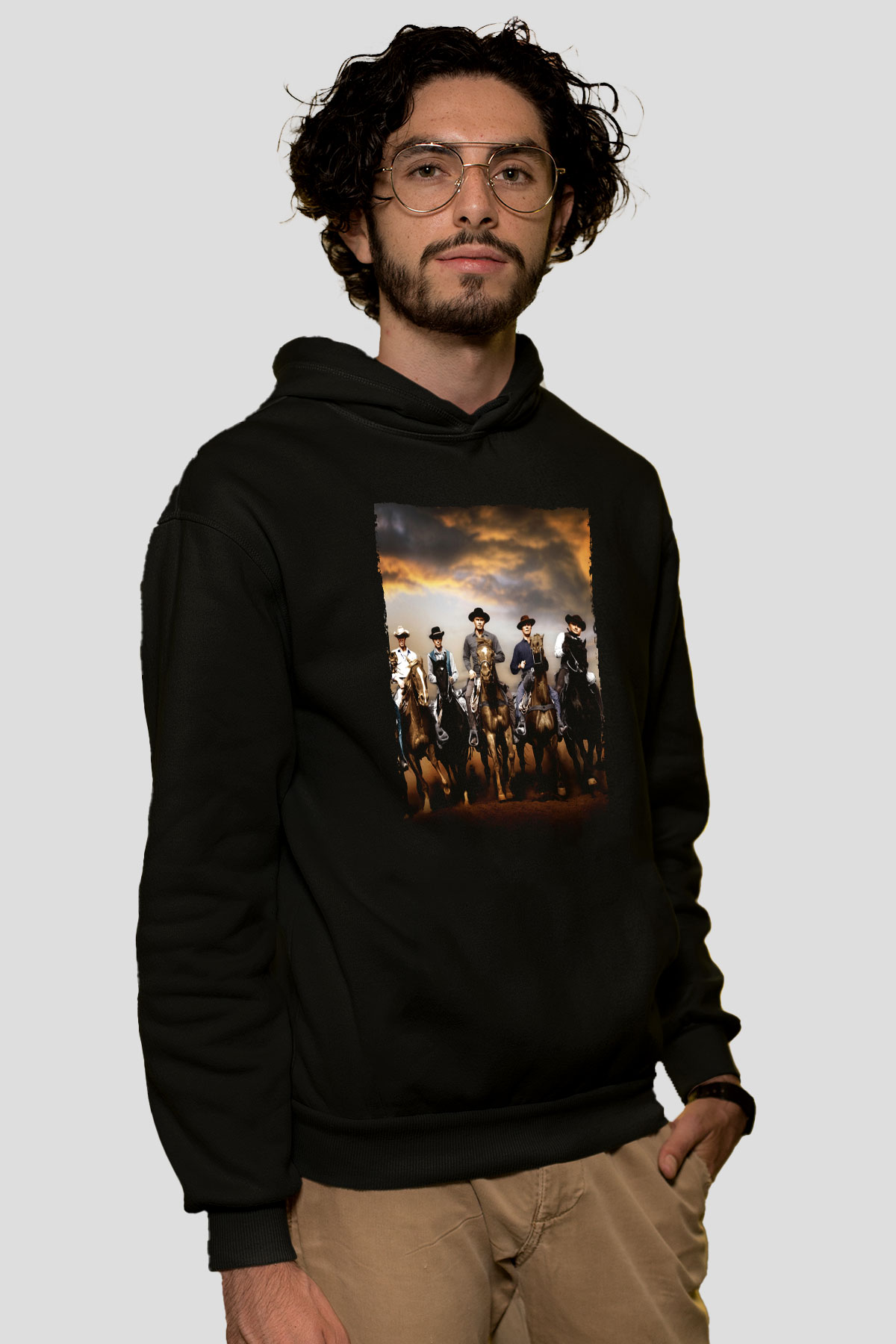 Unisex The Magnificent Seven Baskılı Siyah Kapüşonlu Sweatshirt