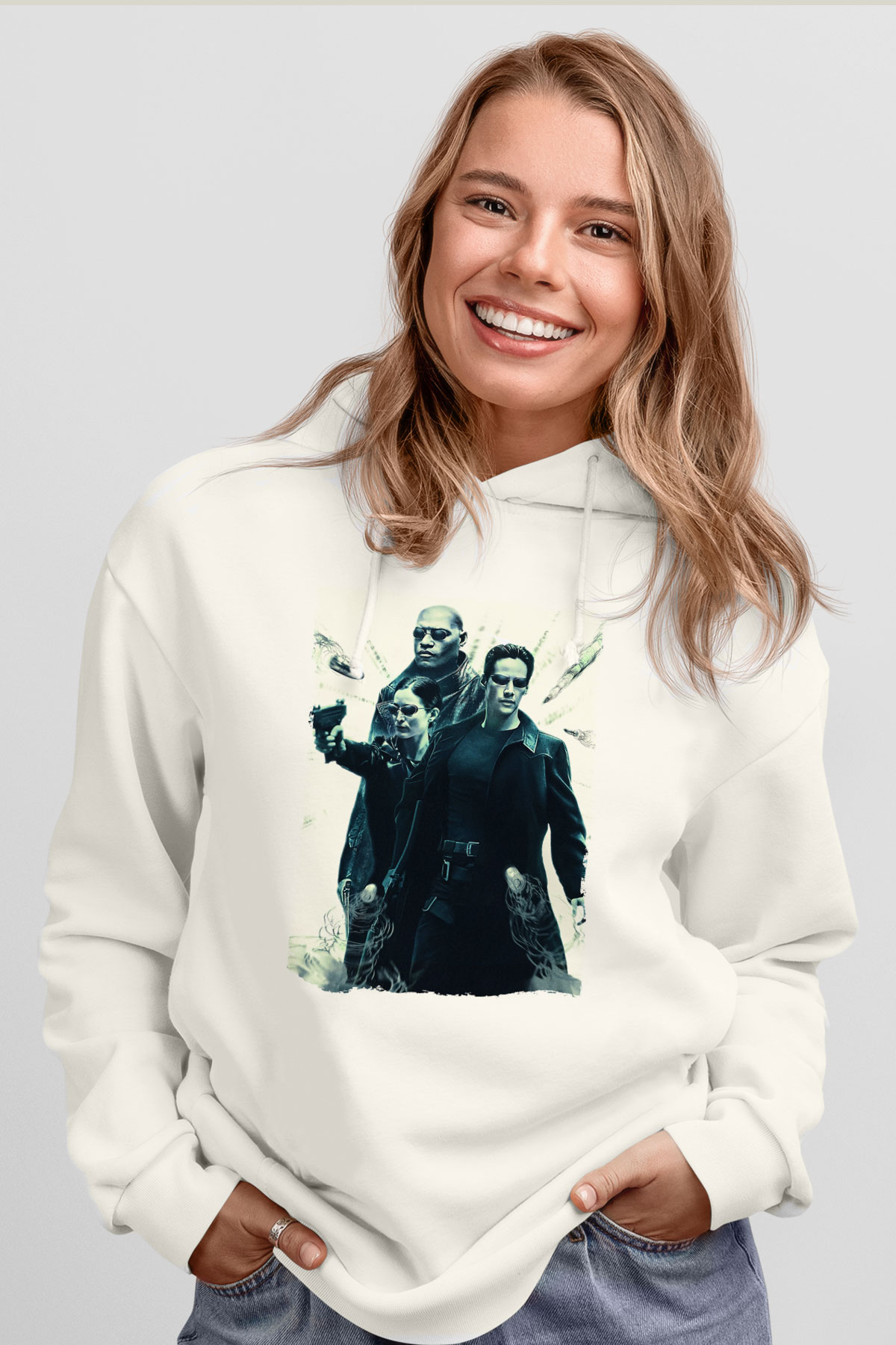 Unisex The Matrix Baskılı Beyaz Kapüşonlu Sweatshirt