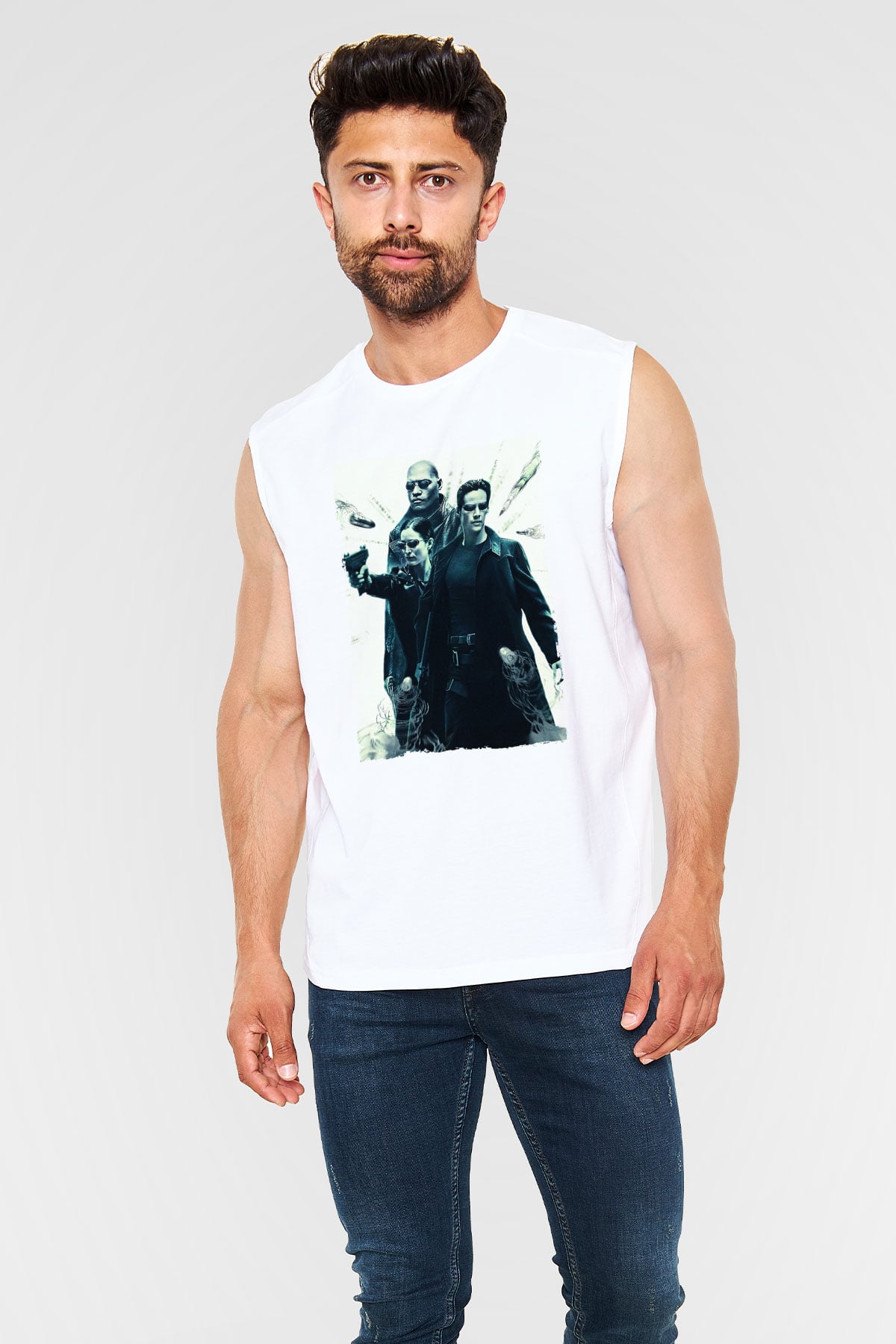 Unisex The Matrix Baskılı Beyaz Kolsuz Tshirt