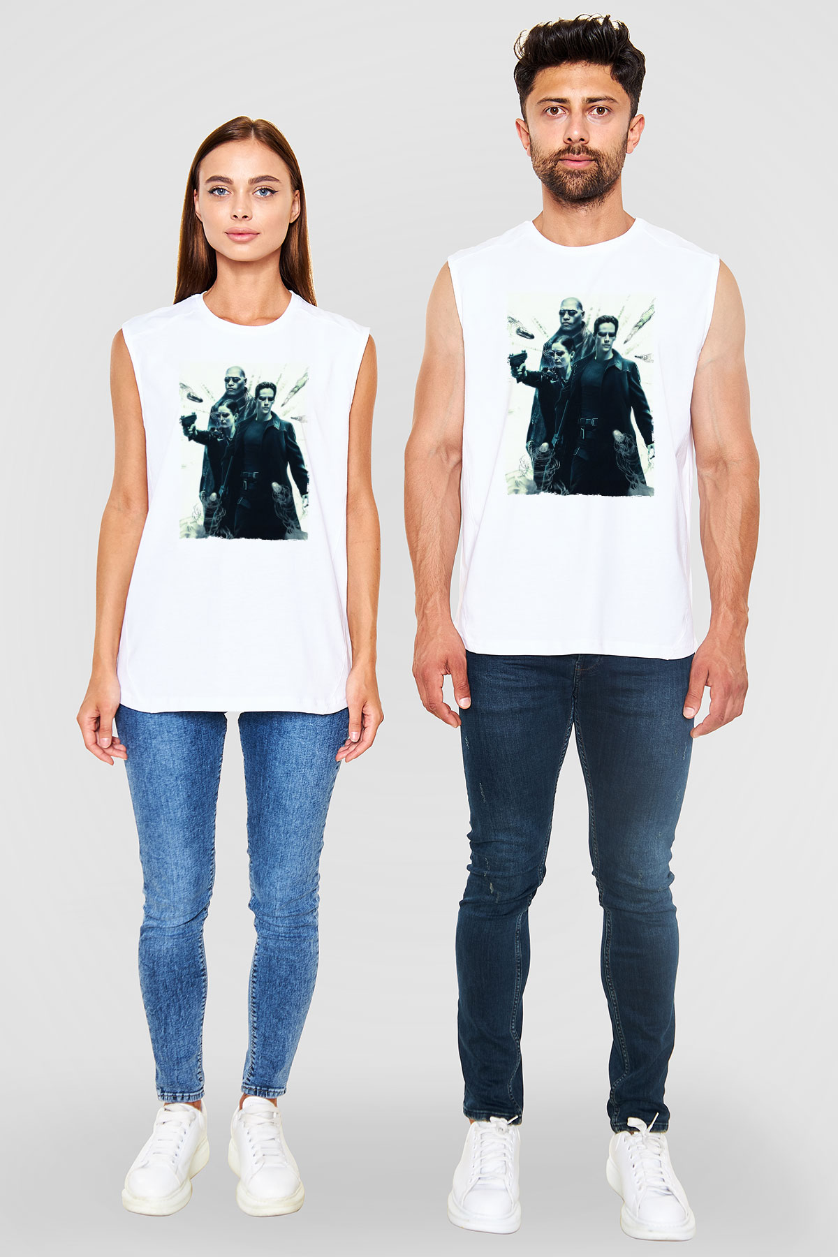 Unisex The Matrix Baskılı Beyaz Kolsuz Tshirt