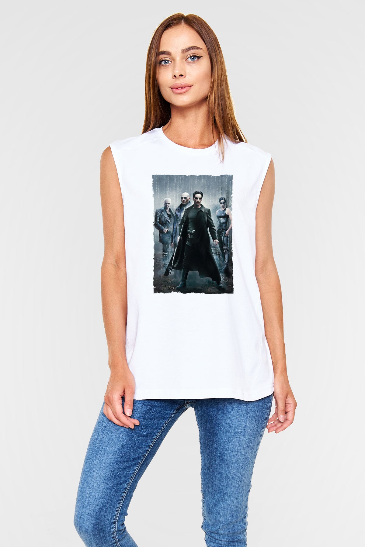 Unisex The Matrix Baskılı Beyaz Kolsuz T-shirt