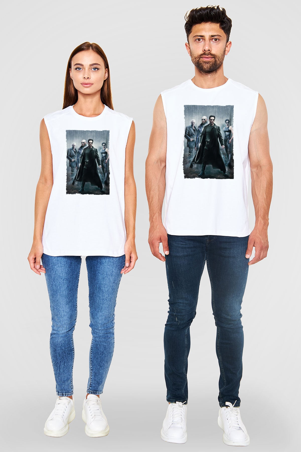 Unisex The Matrix Baskılı Beyaz Kolsuz T-shirt