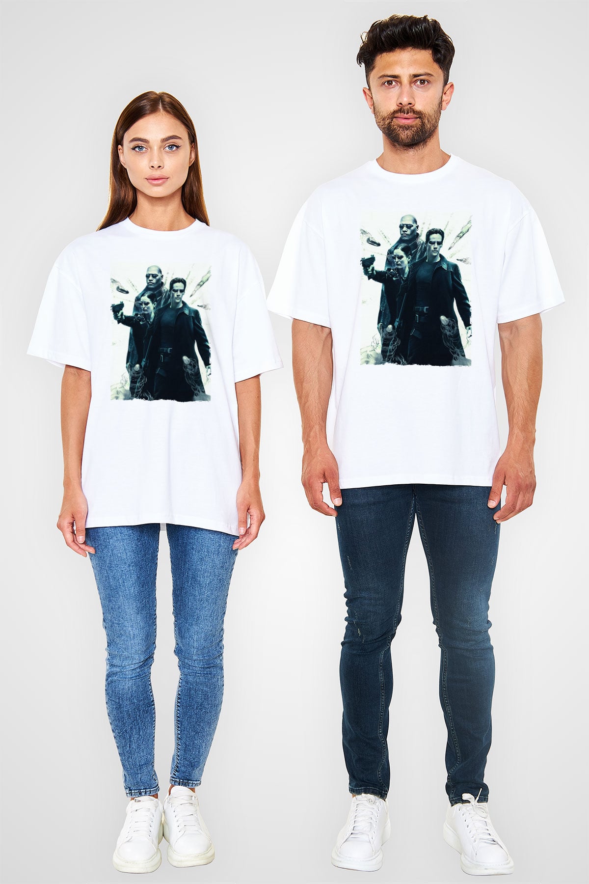 Unisex The Matrix Baskılı Beyaz Oversize Oversize T-shirt