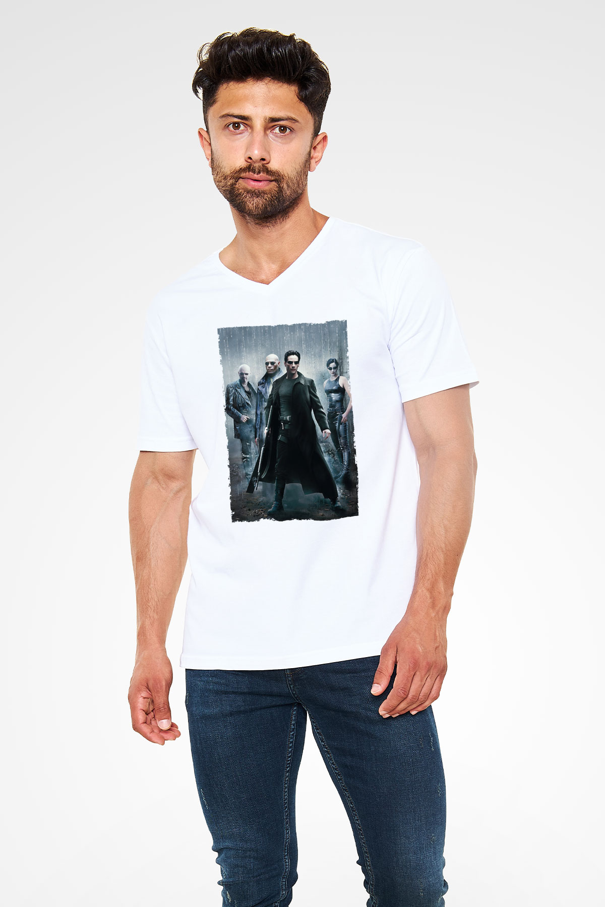 Unisex The Matrix Baskılı Beyaz V Yaka T-shirt