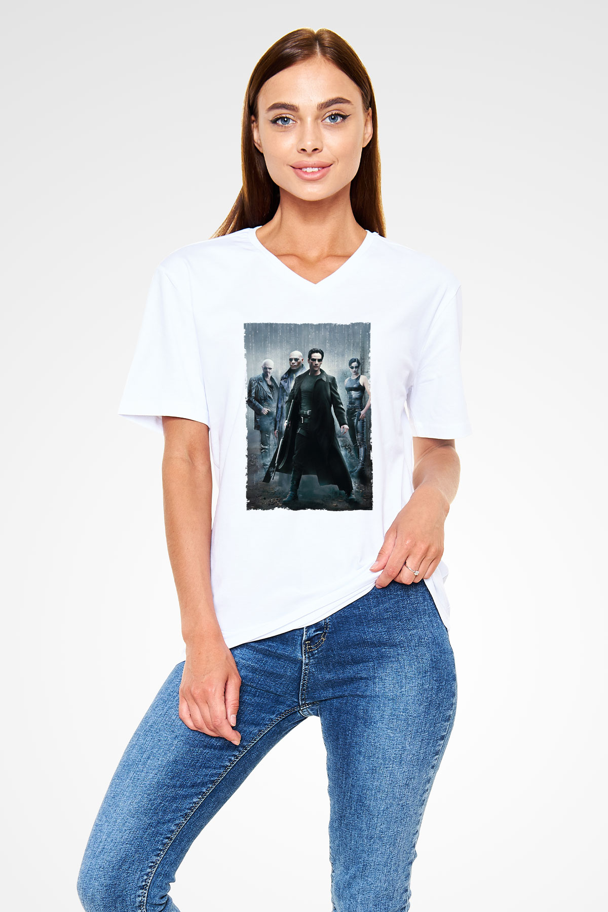 Unisex The Matrix Baskılı Beyaz V Yaka T-shirt