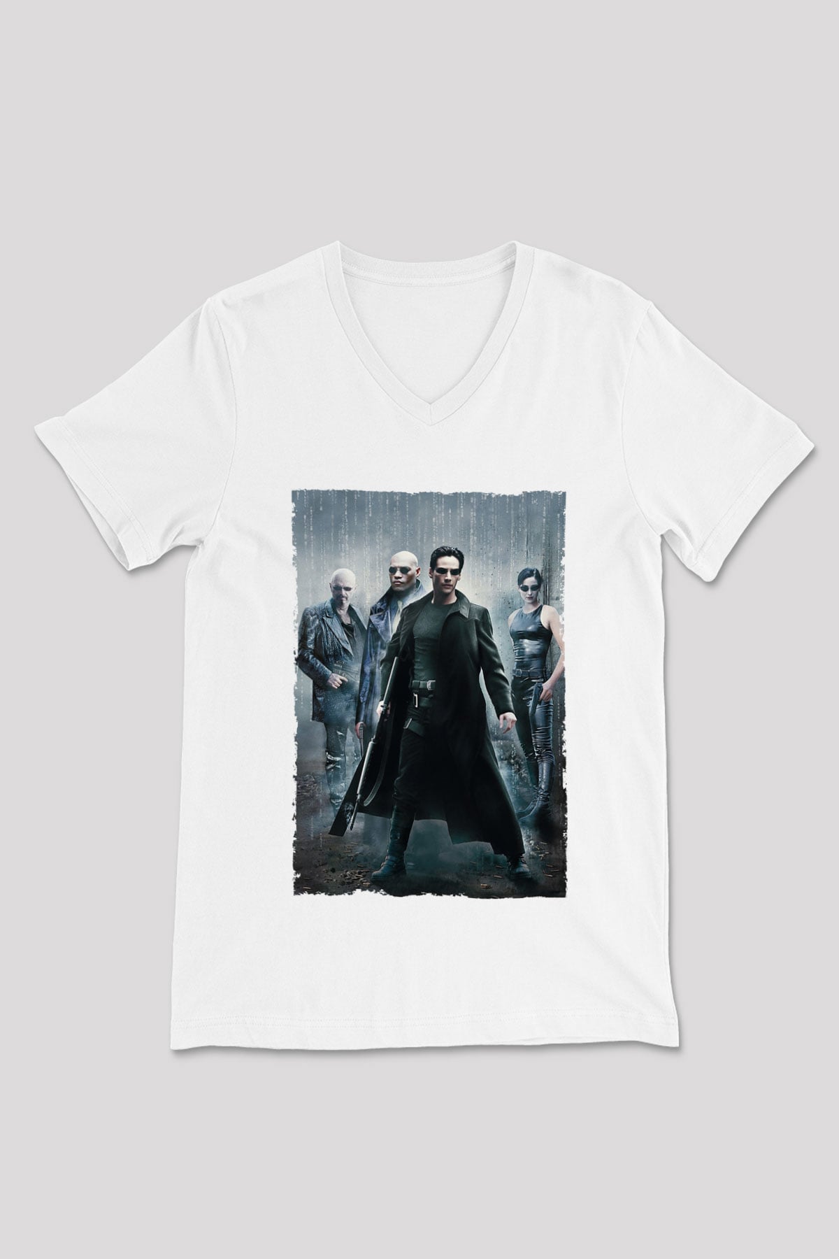 Unisex The Matrix Baskılı Beyaz V Yaka T-shirt